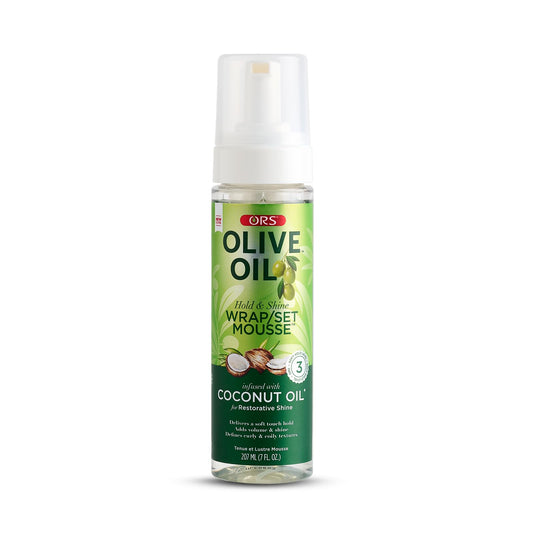 ORS Olive Oil Hold & Shine Wrap Set Mousse Infused with Coconut Oil for Restorative Shine 7 Ounce