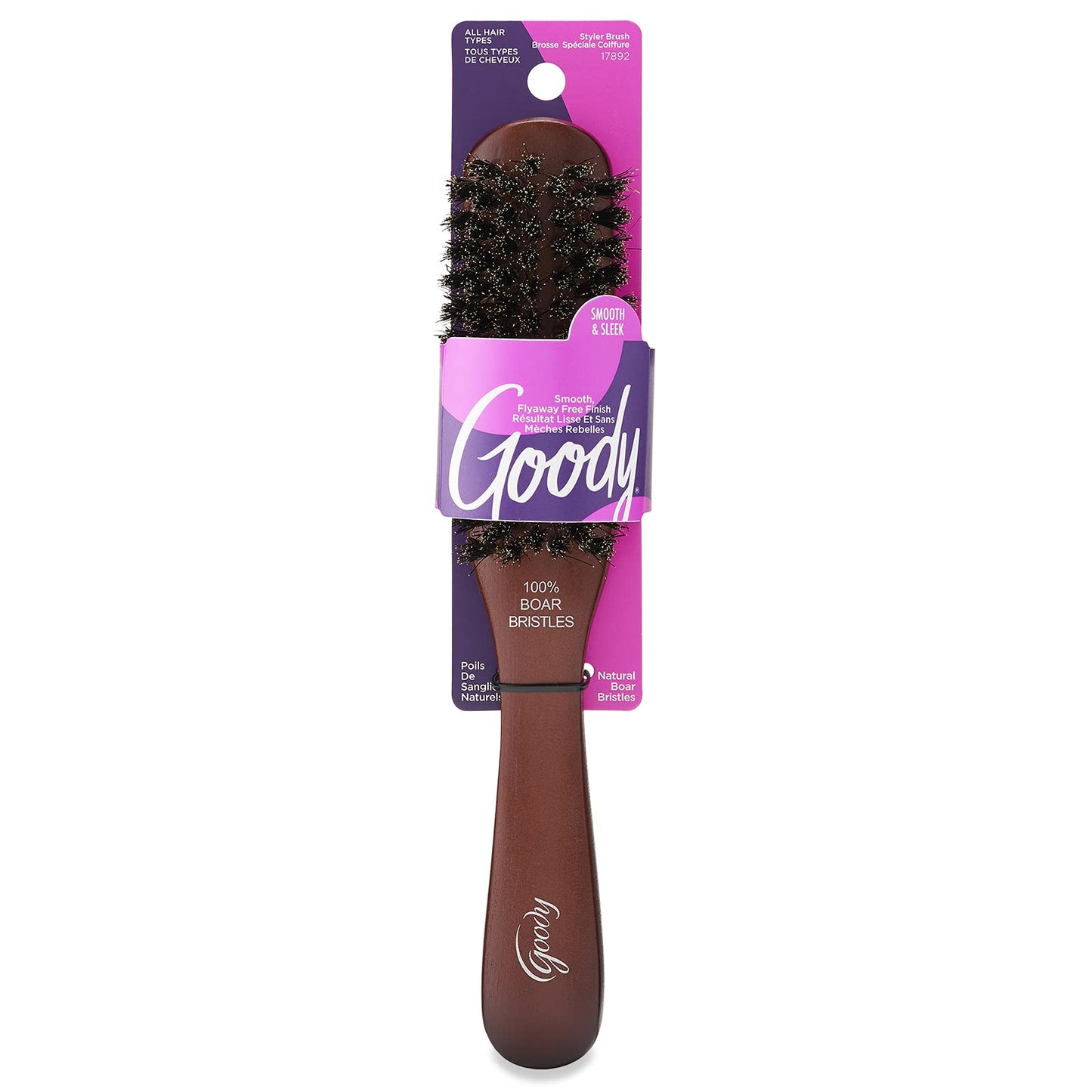 Goody Smooth and Sleek Wood Styling Brush with Natural Boar Bristles, Flyaway Free Finish, For All Hair Types, Brown, 1CT