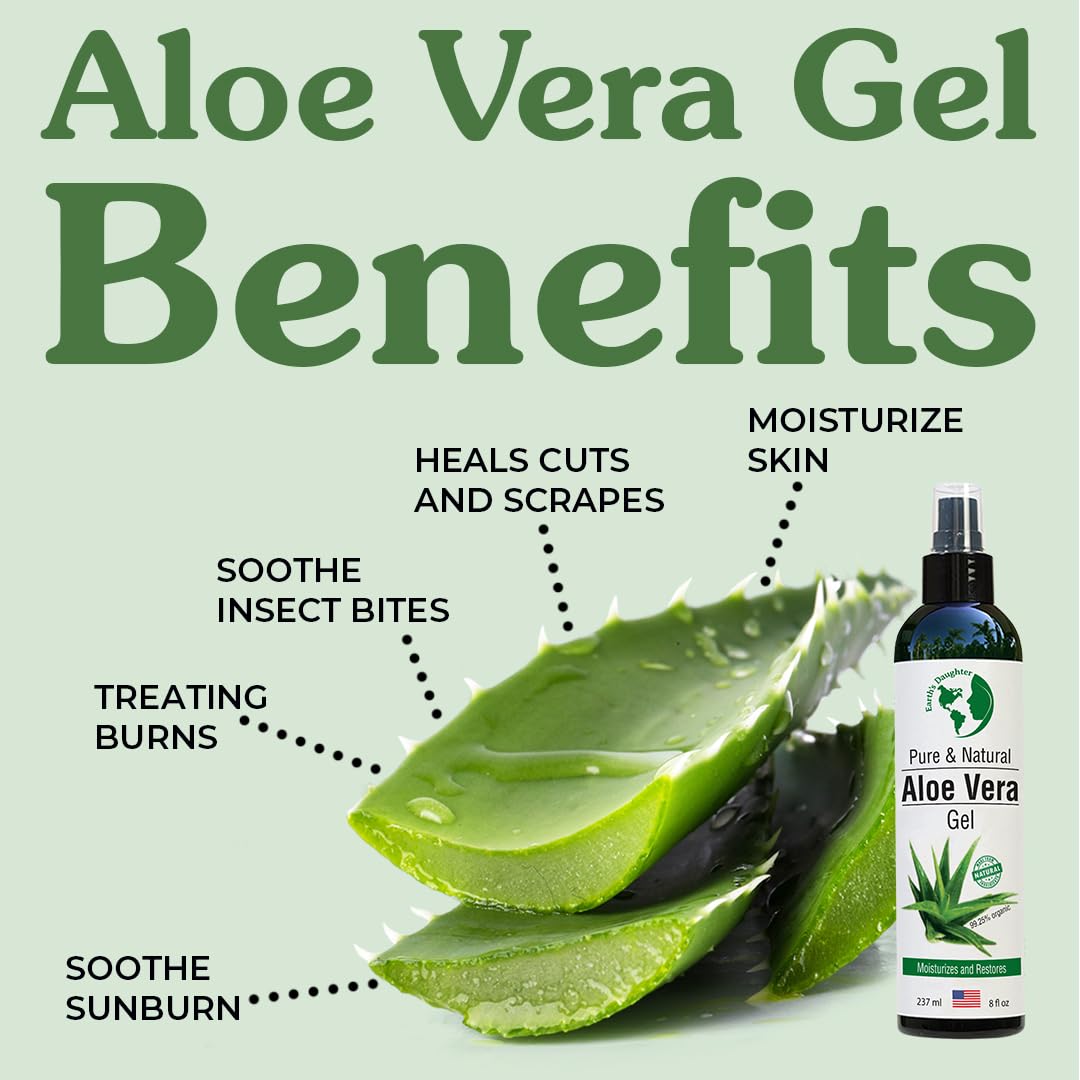Earth's Daughter Organic Aloe Vera Gel, 100% Pure Cold-Pressed - Soothes Face, Hair, Acne, Sunburn, Bug Bites, Rashes & Eczema, 8oz