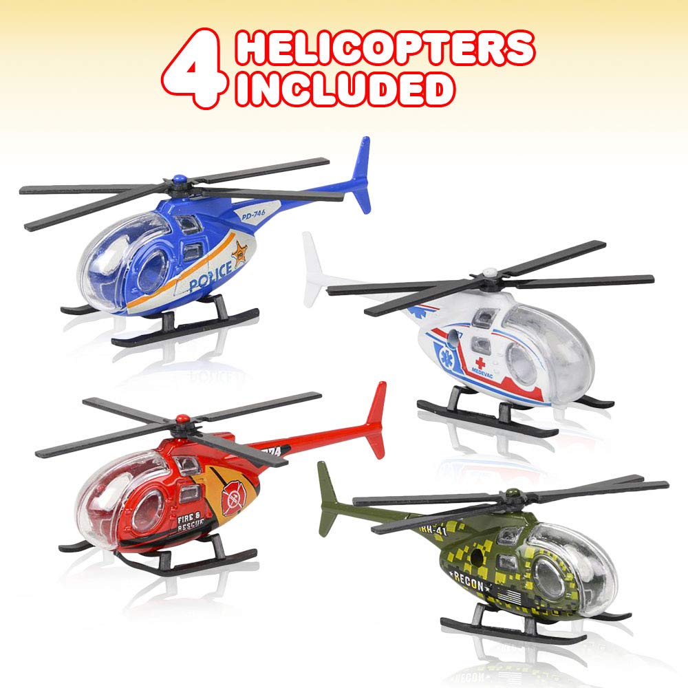 ArtCreativity Diecast Helicopter Toy Set of 4 – Police, Fire, EMS & Military Choppers with Spinning Props, Kids Birthday Party Favors
