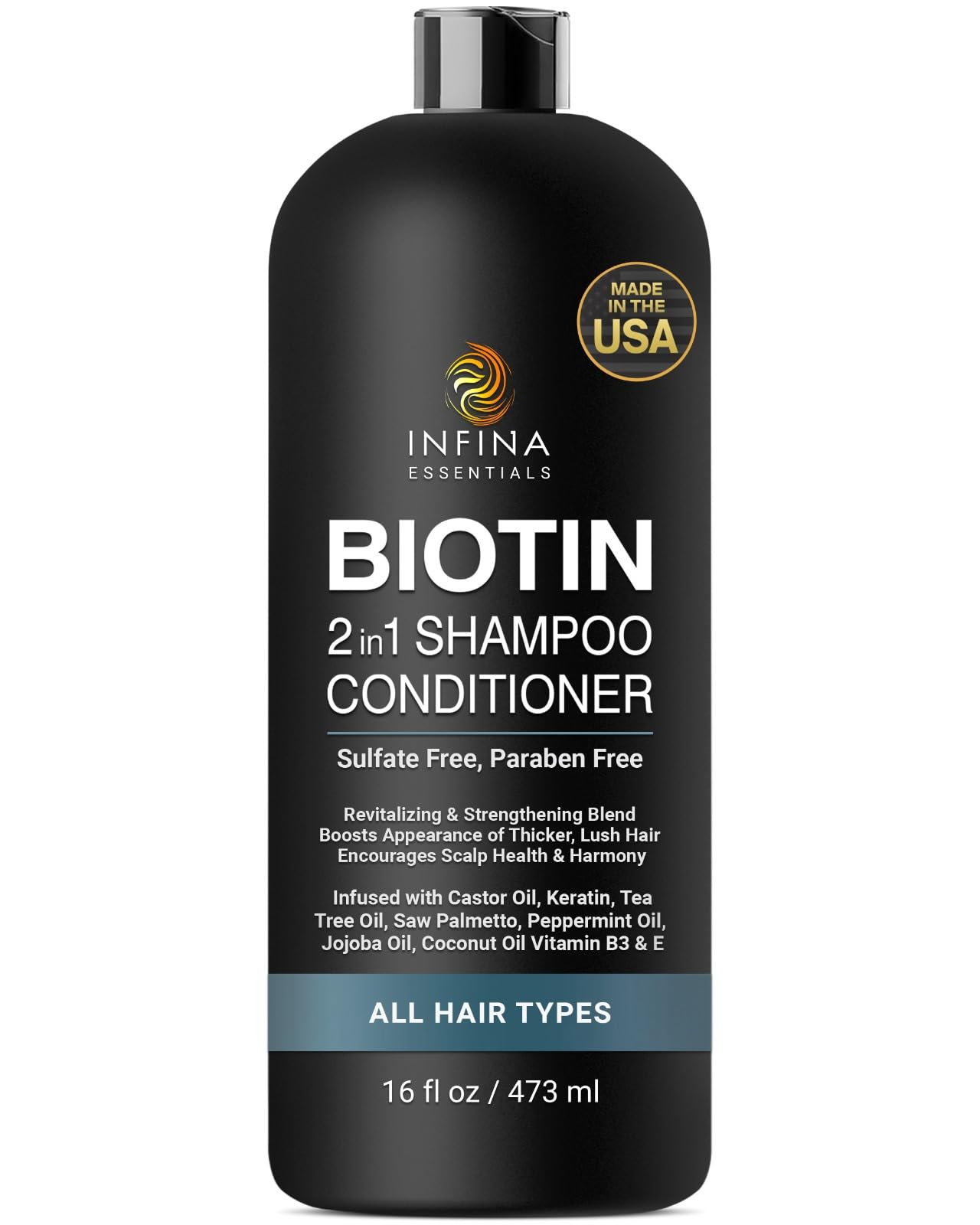 INFINA ESSENTIALS Biotin 2-in-1 Shampoo & Conditioner | Thickening & Strengthening for Men & Women | With Saw Palmetto, Keratin & Caffeine | 16 fl oz