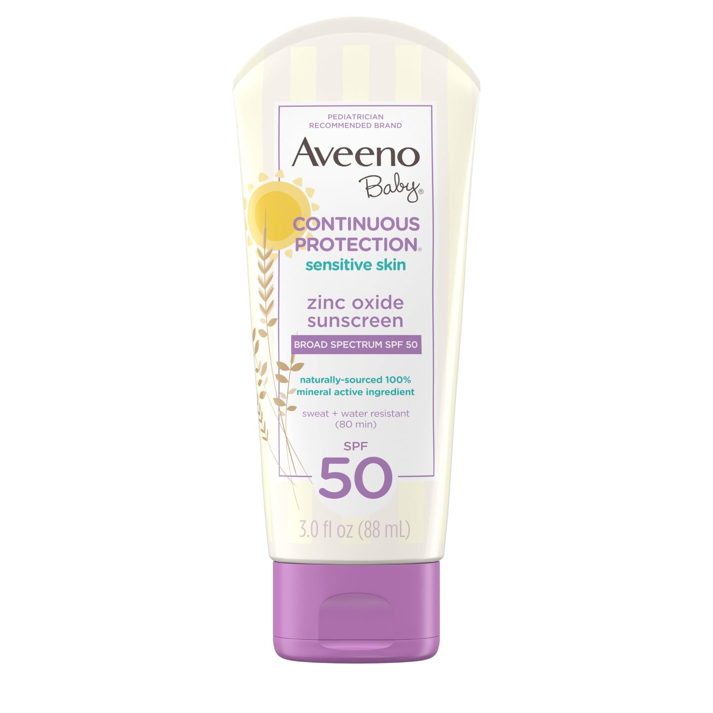 Aveeno Baby Zinc Oxide Mineral Sunscreen Lotion SPF 50 – Tear-Free, Sweat & Water Resistant, Paraben-Free, Travel Size 3 fl. oz