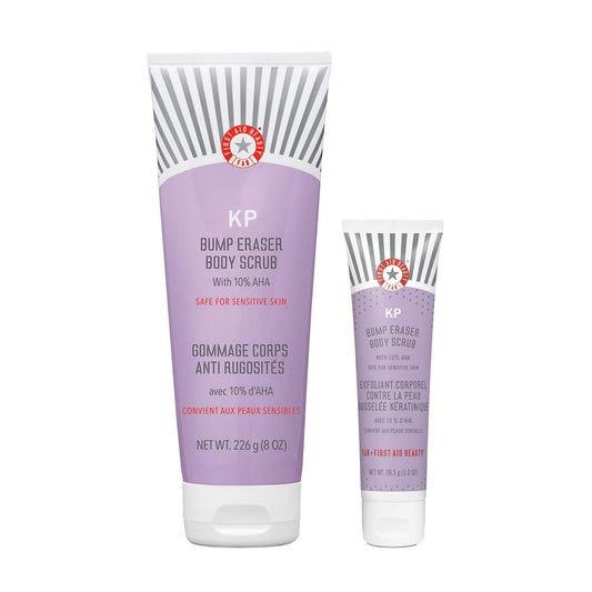 First Aid Beauty KP Bump Eraser Body Scrub 10% AHA – Exfoliates & Smooths Chicken Skin Bumps, Glycolic & Lactic Acid, Sensitive Skin Safe, 8oz 2-Pack