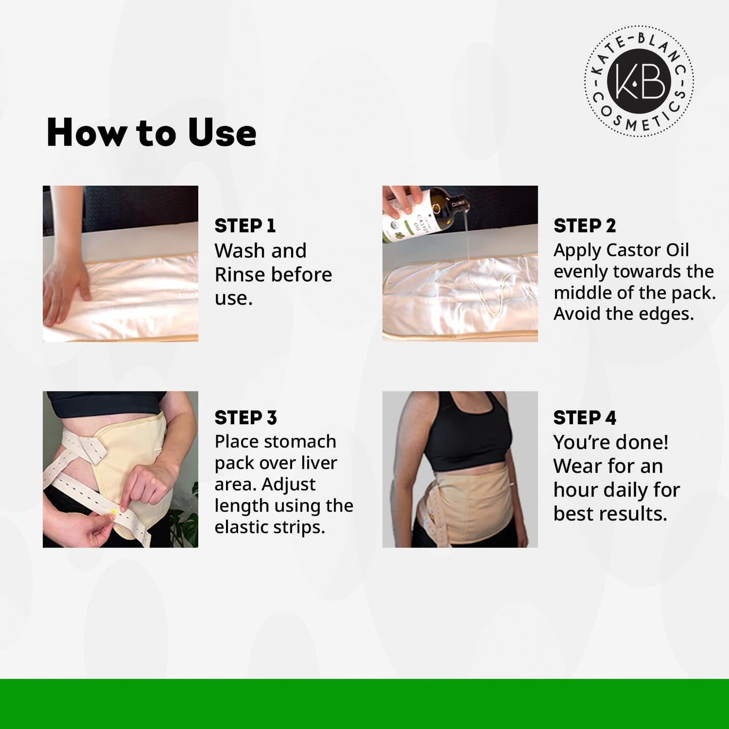 Kate Blanc Cosmetics Castor Oil Pack Wrap for Stomach & Belly (16oz Glass Bottle) Moisturize Body & Skin. Reusable, Adjustable, Comfortable Fit.