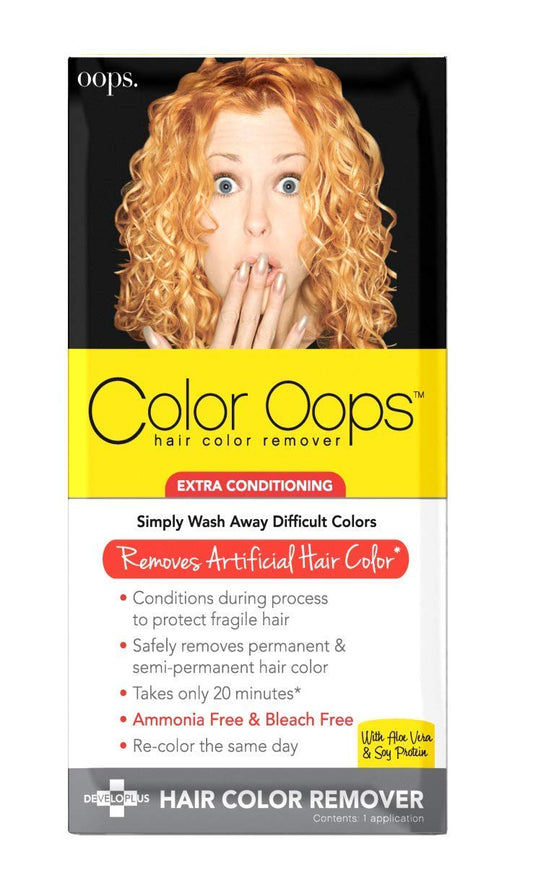 Color Oops hair color remover packaging with a woman showing her teeth.