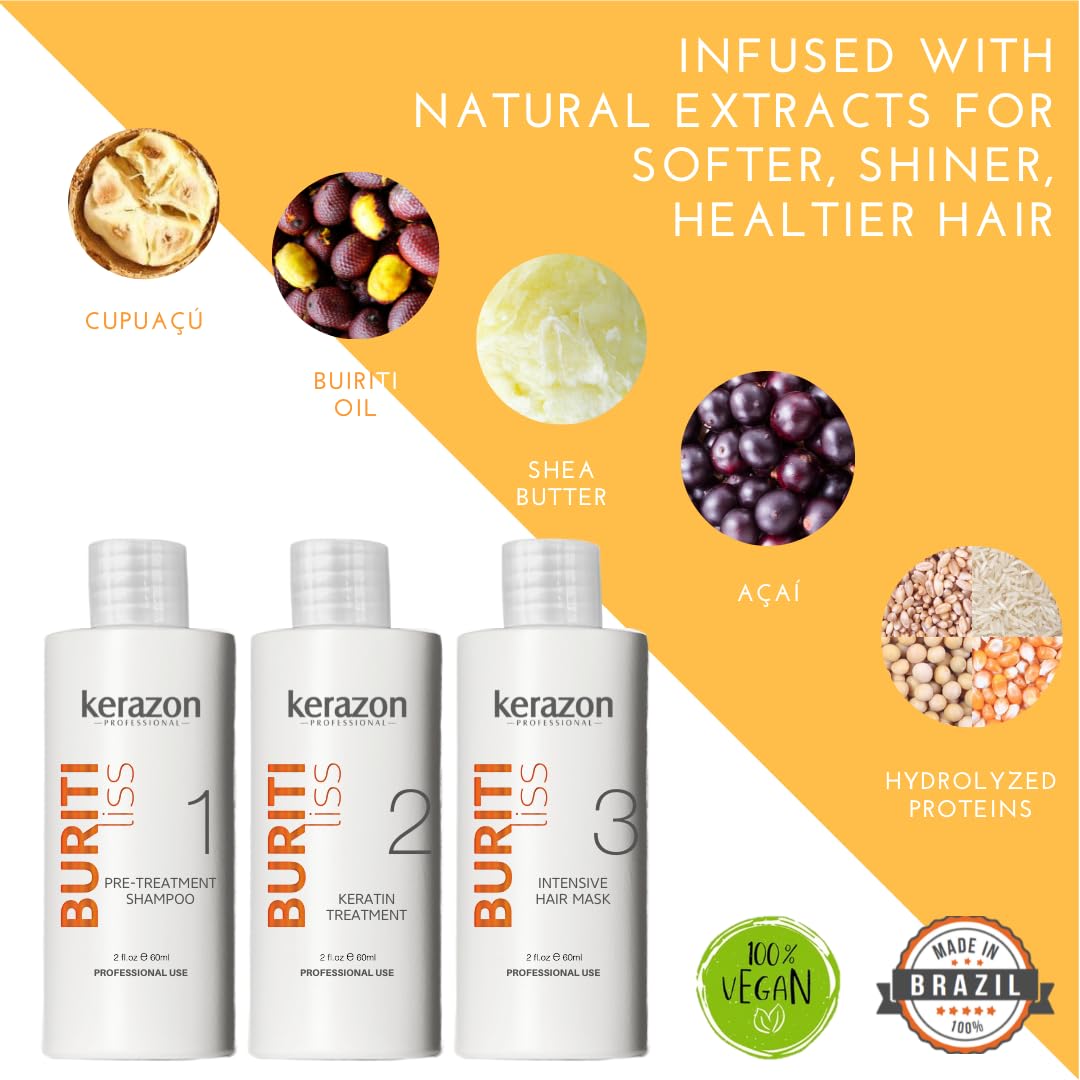 KERAZON Brazilian Keratin Treatment Buriti Liss Kit 2oz – At-Home Smoothing & Straightening System for All Hair Types, Long-Lasting Shine