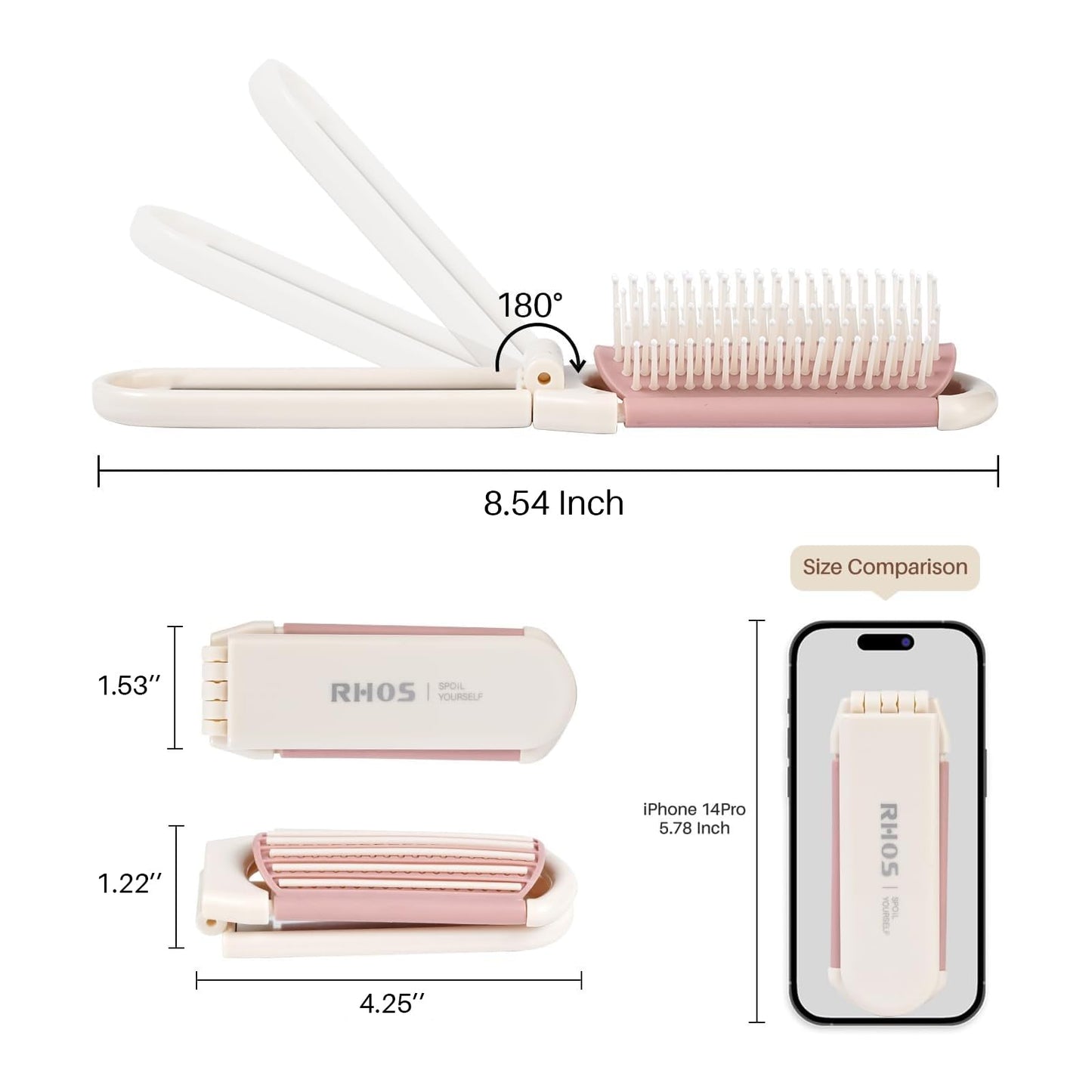 RHOS Folding Brush with Mirror for Women, Girls - Mini Hair Brush for Purse, Small Pocket Brush with Soft Nylon Bristles and Mirror for Travel (Beige)