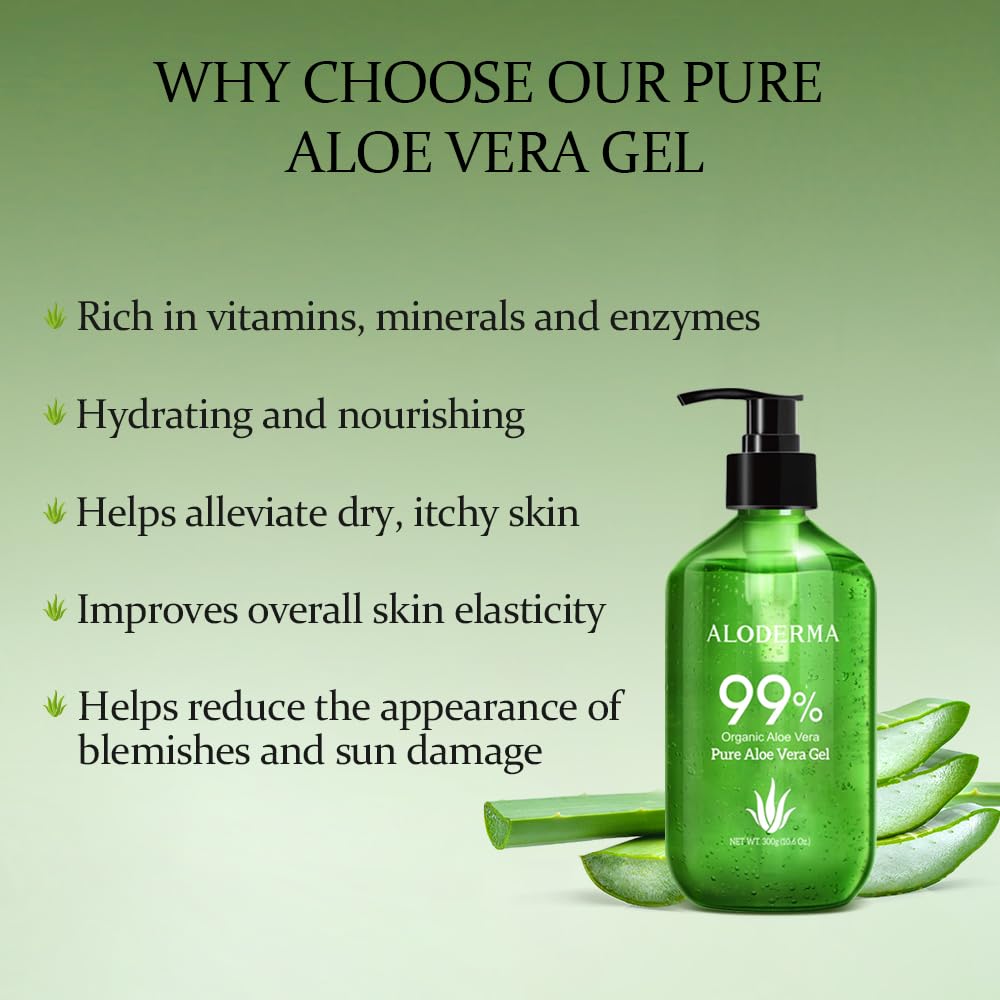 Aloderma 99% Organic Aloe Vera Gel – Fresh, Lightweight, Non-Sticky Hydrating Gel for Face, Body, Hair & Scalp, After Sun Relief 10.6oz