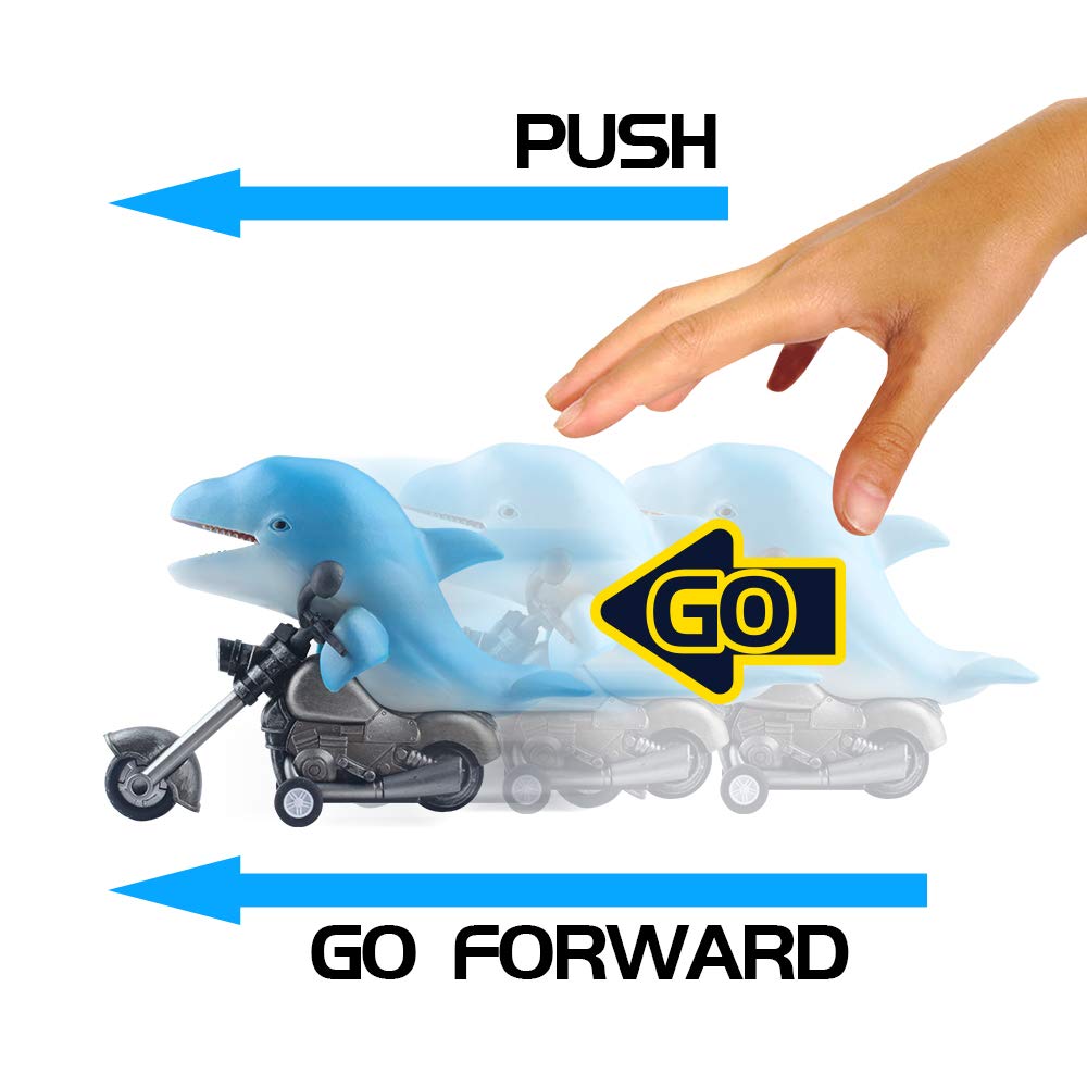 DINOBROS Shark Toy Car 2 Pack Friction Powered Motorcycle Monster Sea Animal Game Great White Shark and Dolphin Toys