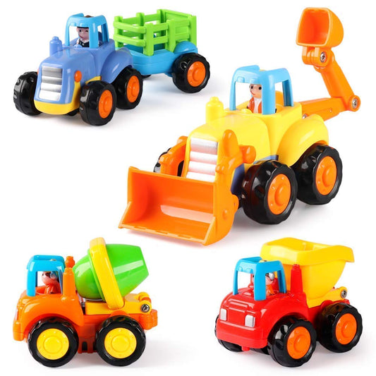Coogam 4-Pack Friction Powered Construction Vehicles Toy Set – Push & Go Tractor, Bulldozer, Cement Mixer & Dumper for Kids