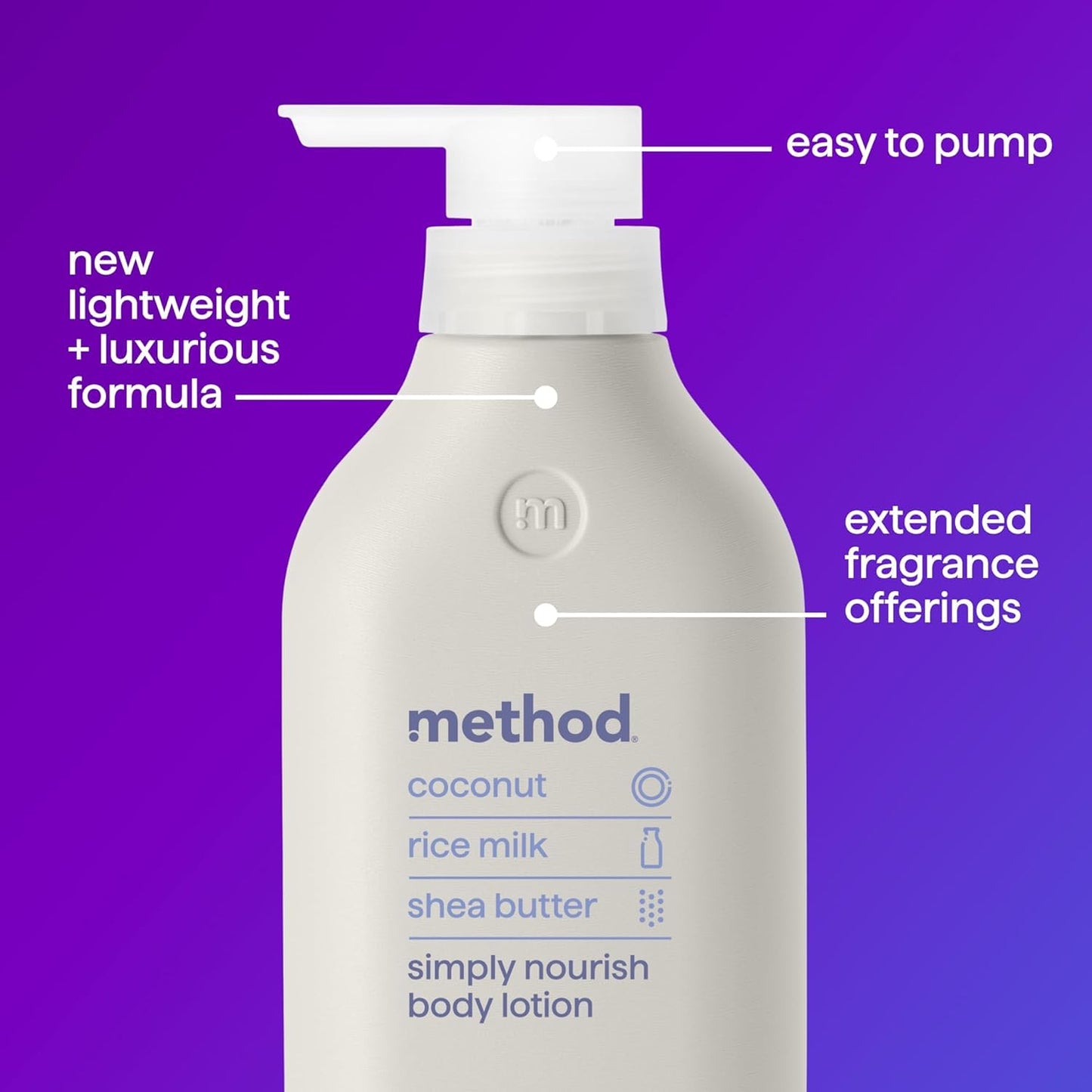 Method Body Lotion, Simply Nourish, Coconut, Rice Milk + Shea Butter notes, 24 Hours of Moisture 14 oz