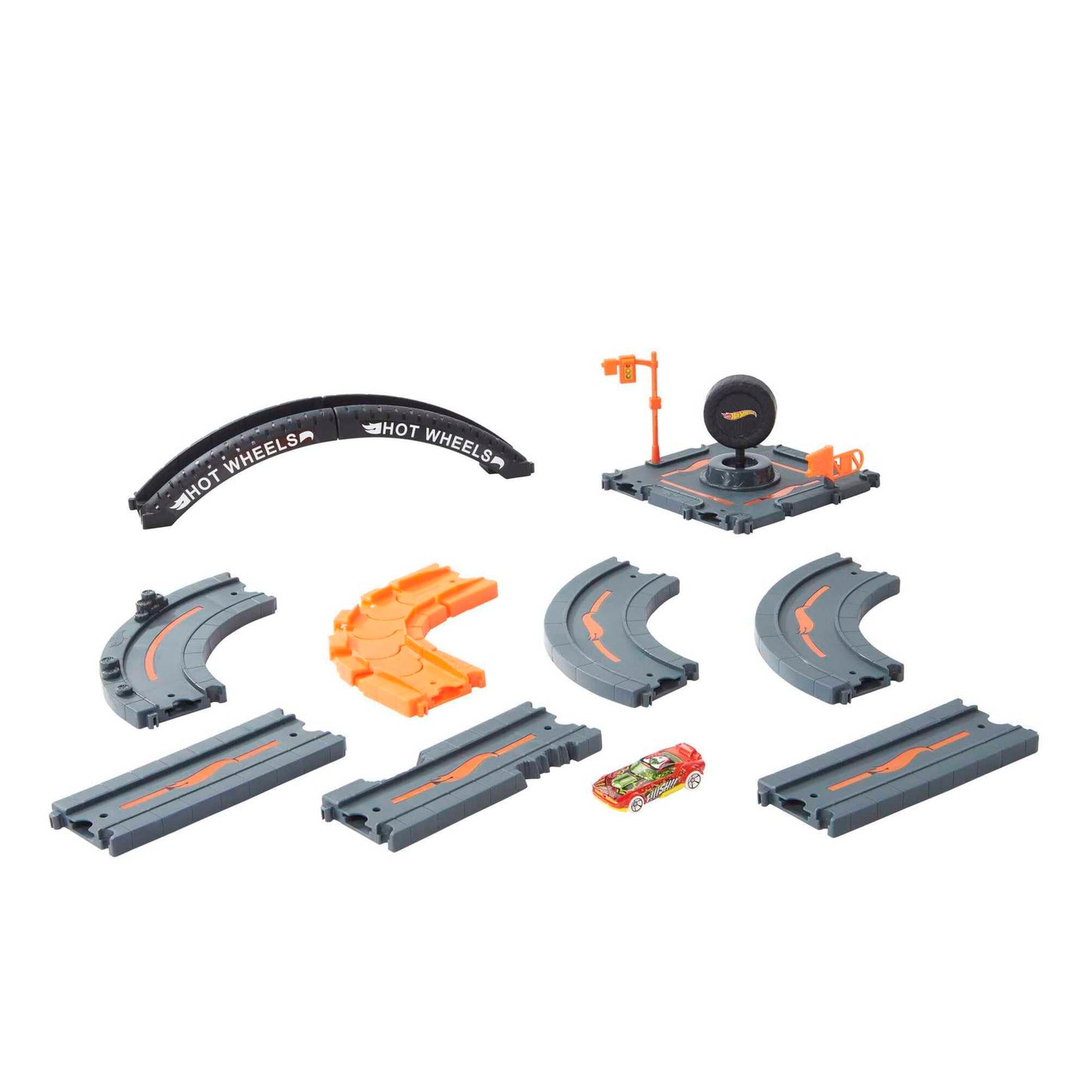 Hot Wheels Toy Car Track Set Pack, 10 Track-Building Parts with City Square, Bridge & 1:64 Scale Vehicle, Connects to Other Tracks