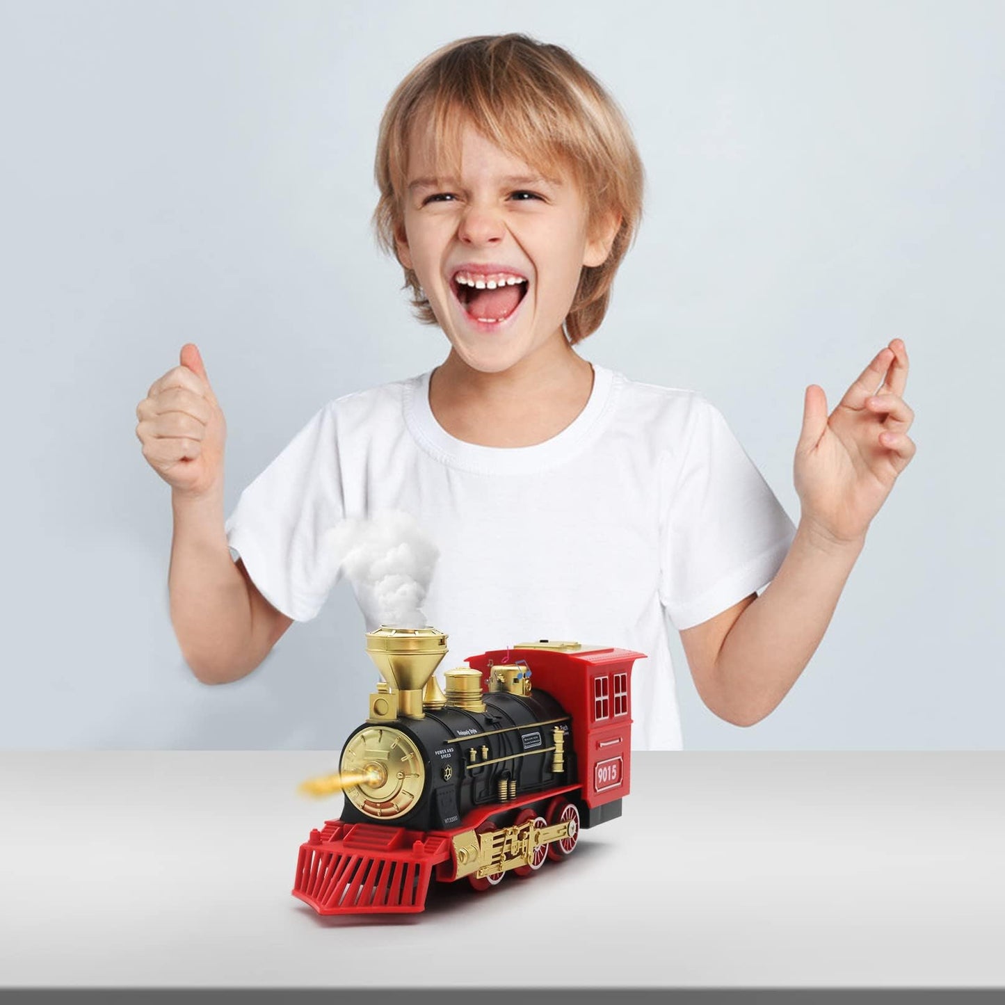 Hot Bee Train Toys Train Steam Locomotive Engine Toy, Smoke, Lights & Sounds, for 3 4 5 6 7+ Year Old Kids