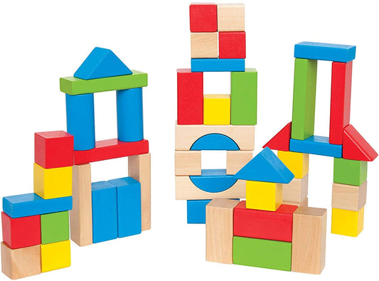 Hape Maple Wood Kids Building Blocks Stacking Wooden Block Educational Toy Set for Toddlers, 50 Brightly Colored Pieces in Assorted Shapes and Sizes