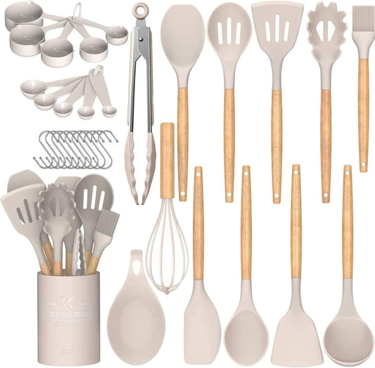 Umite Chef 33-Piece Kitchen Utensil Set – Non-Stick Silicone Spatulas with Wooden Handles & Holder, Khaki Kitchen Gadgets