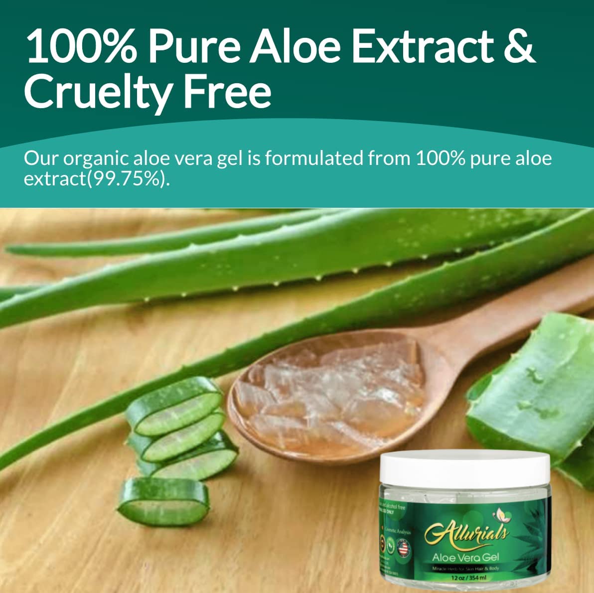 Allurials 99.75% Pure Organic Aloe Vera Gel, Made in USA, Clinically Tested, Dermatologist Approved, Hydrates & Heals Skin & Hair, 12oz