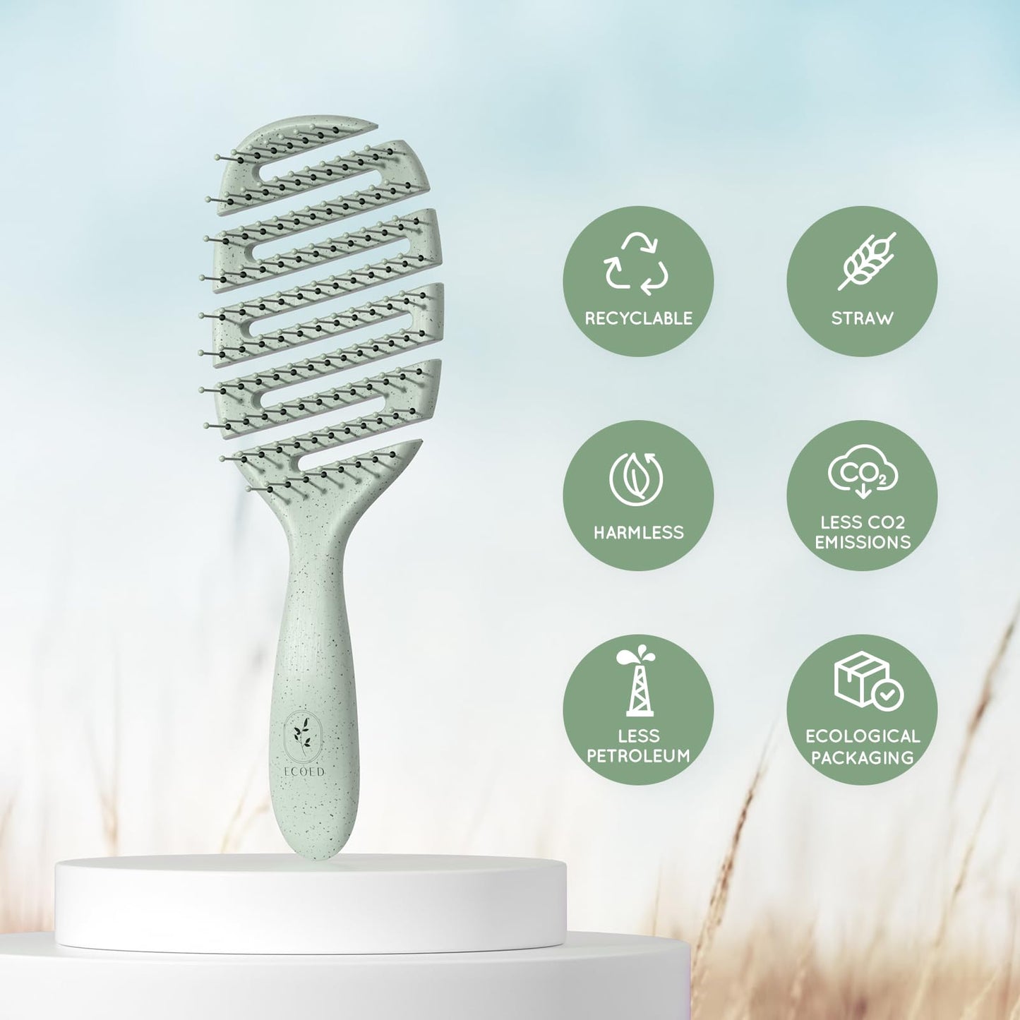 Ecoed Detangler Hairbrush – Soft Bristle Brush for Wet & Dry Hair, Straight, Wavy, Curly, Fine Hair – Quick Smoothing, Eco-Friendly & Sustainable (Green)