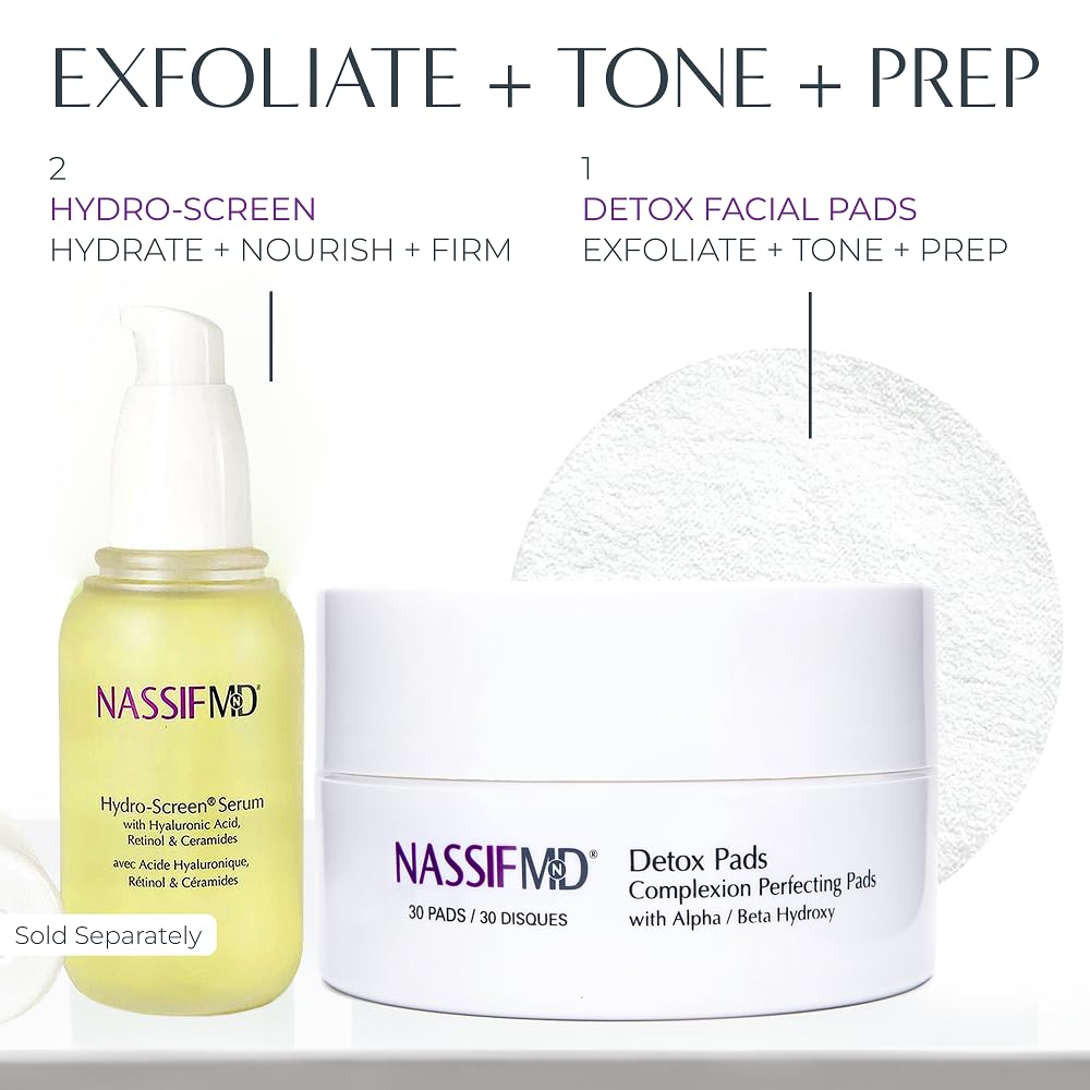 NassifMD Exfoliating Detox Pads – AHA/BHA Facial Pads for Deep Cleansing, Smooth Texture, Pore Reduction, Firming & Radiant Skin