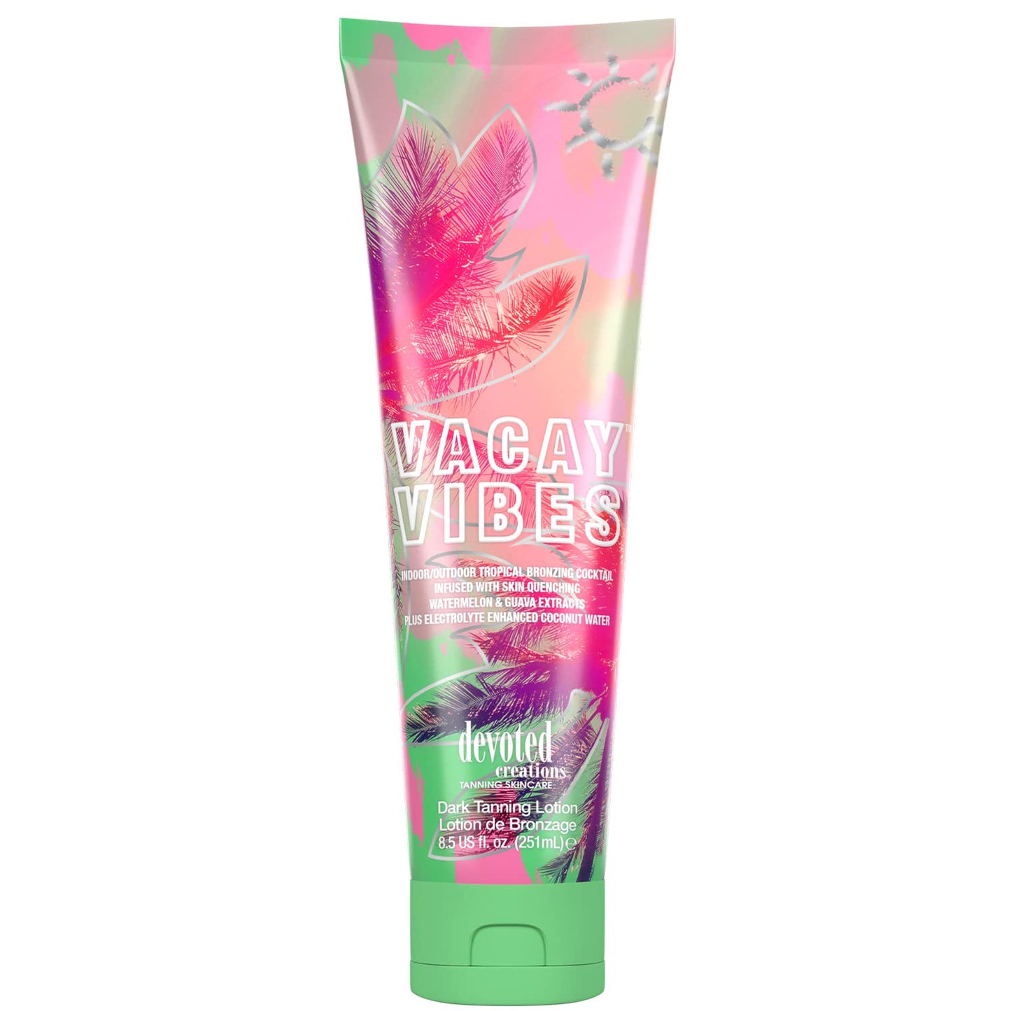 Devoted Creations Vacay Vibes Tanning Lotion 8.5 oz – Indoor/Outdoor Tropical Bronzer with Watermelon, Guava & Coconut Water for Hydrated Glow