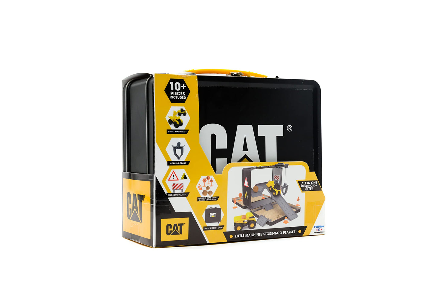 CAT Construction Toys Store & Go Playset – Tin Travel Case Turns into Multi-Level Worksite, 2 Vehicles + 10 Accessories, STEM Toy 3+