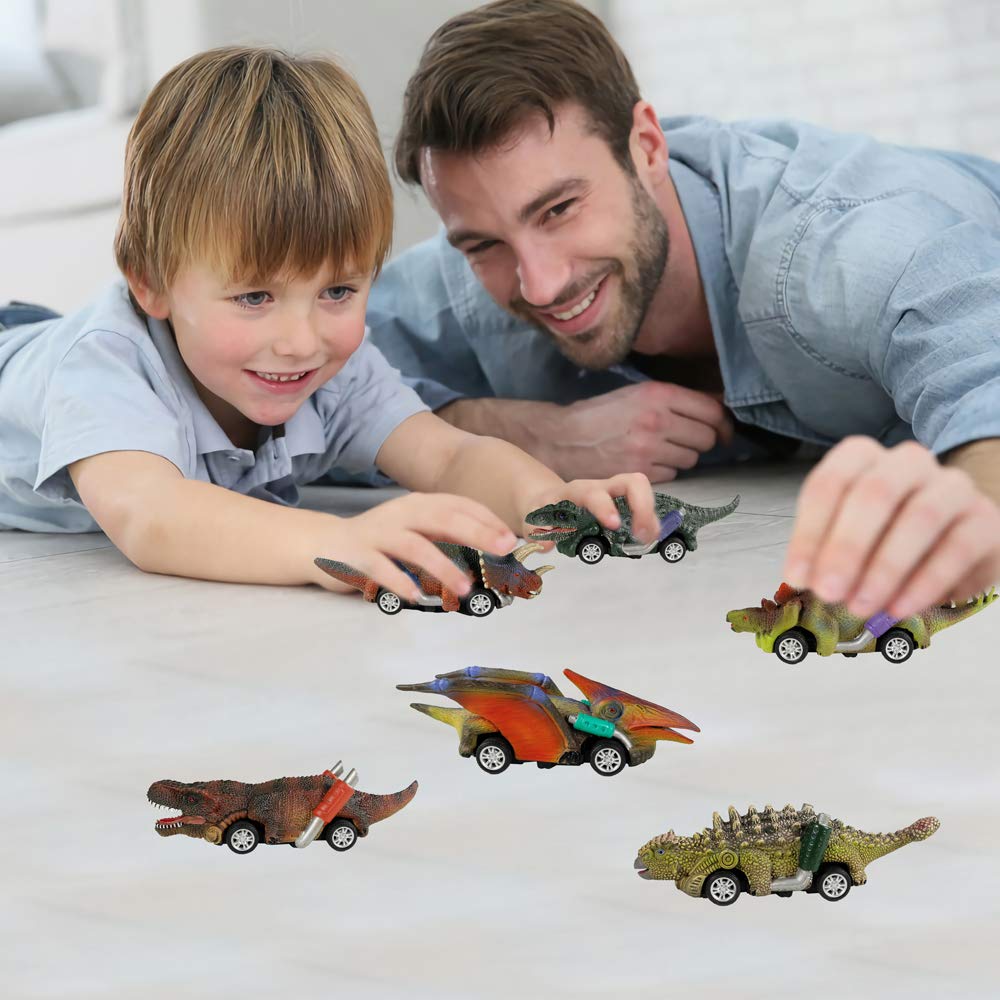 DINOBROS 6-Pack Dinosaur Pull Back Cars Toy Set for Toddlers & Kids Ages 3+ | T-Rex & Dino Vehicles, Fun Dinosaur Games for Boys & Girls