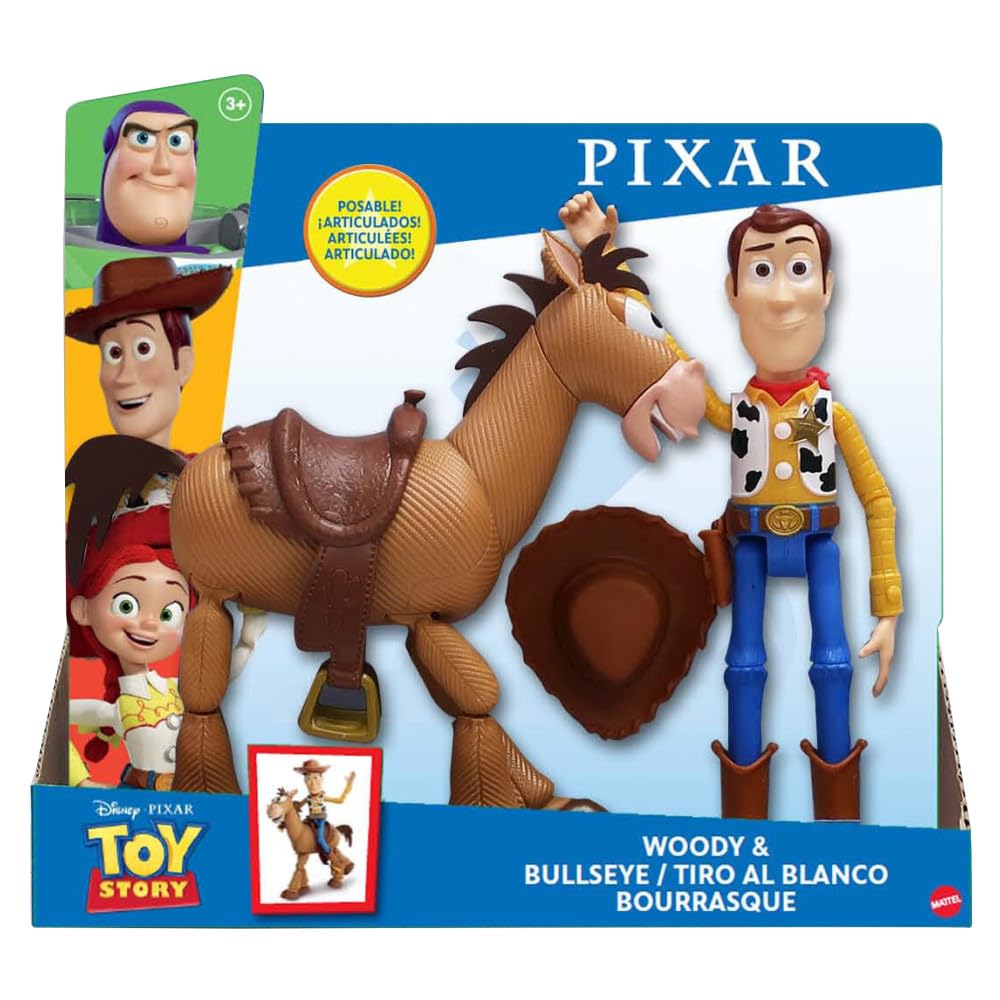 Mattel Disney Pixar Toy Story 4 Movie Set of 2 Action Figures, Collectible Pack Includes with Woody with Removable Hat & Rideable Bullseye