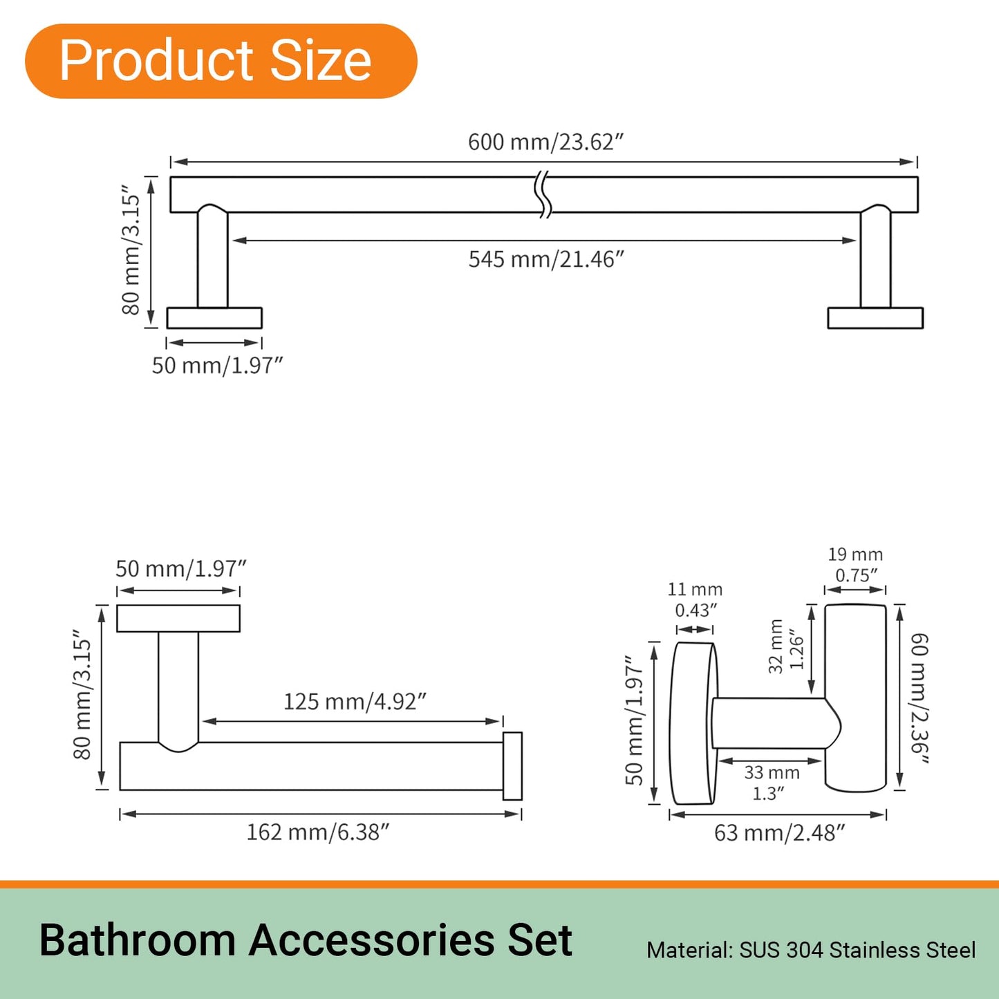 Hoooh Matte Black 4-Piece Bathroom Set, Stainless Steel Wall Mount with 24" Towel Bar, Toilet Paper Holder & 2 Robe Hooks, BS100S4B-BK