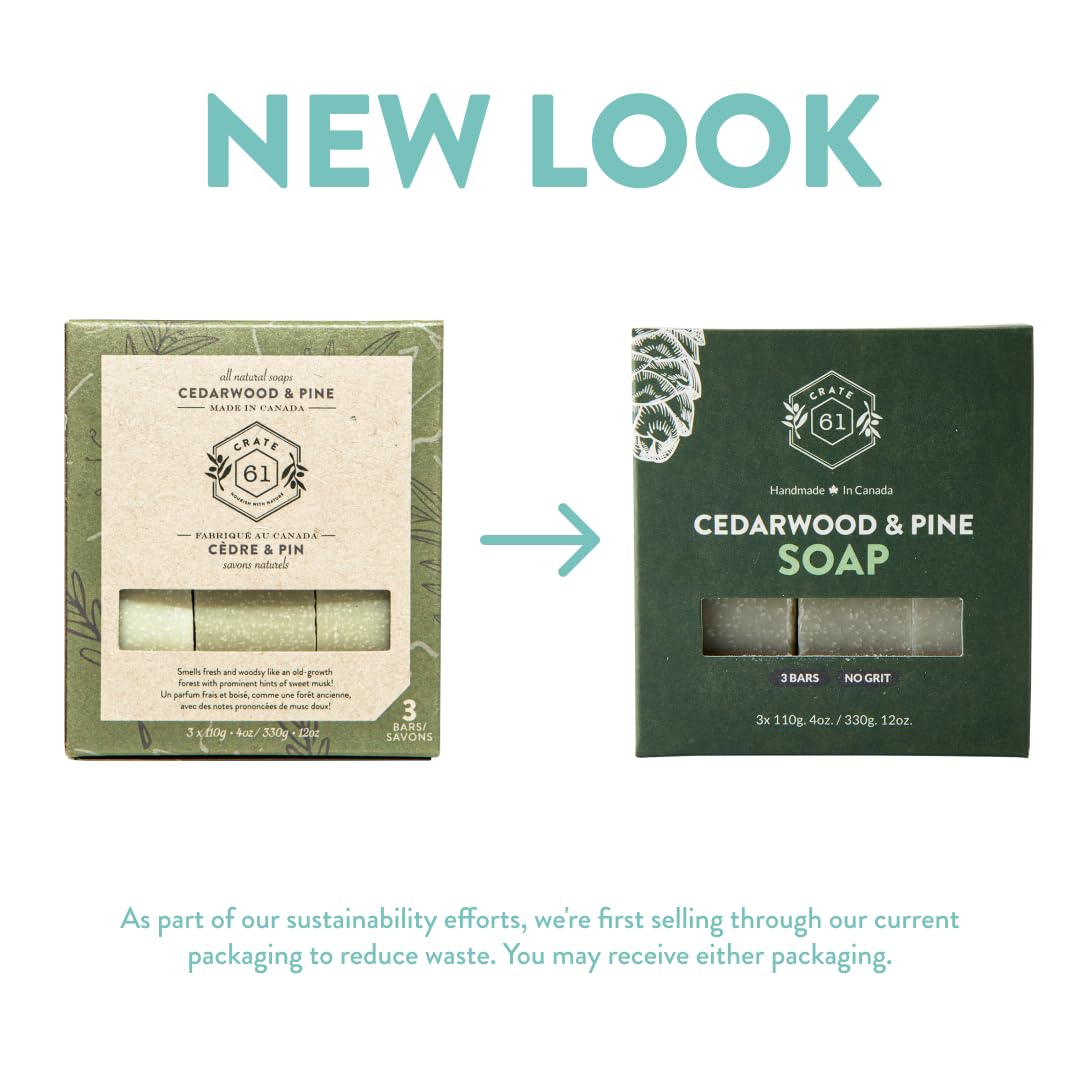 Crate 61 Organics Handmade Canadian Plant-Based Bar Soap 3-Pack, Cedarwood Pine, Natural Cold Process, Face & Body, Men & Women