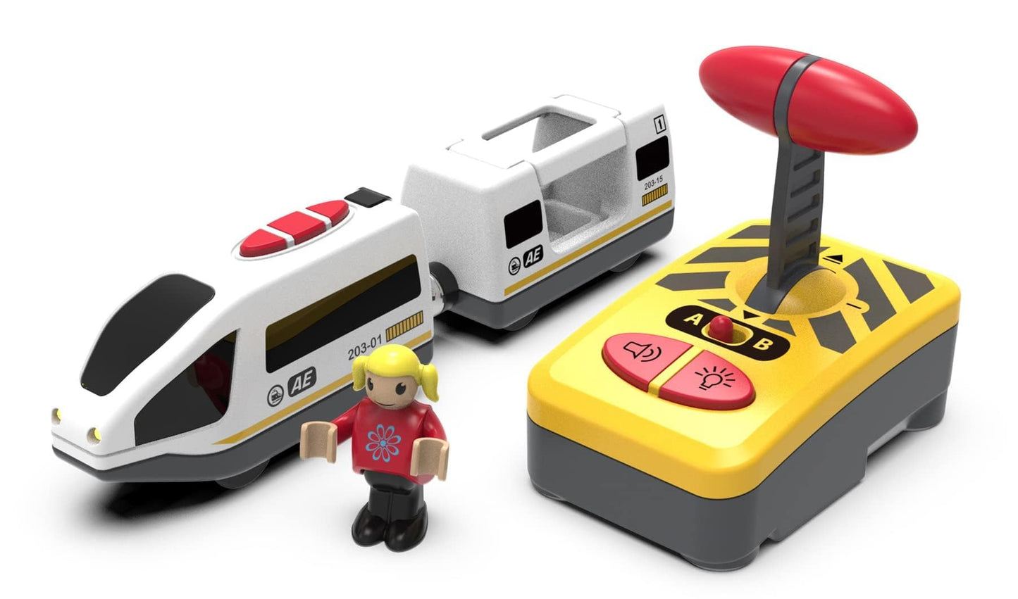 Z MAYABBO Remote Control Wooden Train Set – Battery Operated Locomotive & Cars, Fits All Major Wooden Tracks, Powerful Engine for Kids