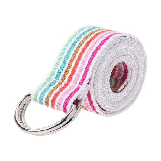 Feamos Stripe Belts for Women Waist Belt for Shorts with Double D-Ring Buckle Canvas Casual (White & Rainbow)