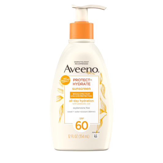 Aveeno Protect + Hydrate Sunscreen Lotion SPF 60 – Moisturizing, Prebiotic Oat, Oil & Paraben Free, Water & Sweat Resistant, 12 oz