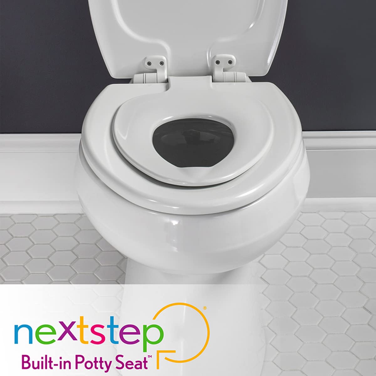 Mayfair NextStep2 Elongated Toilet Seat with Built-In Toddler Potty Training Seat, Slow Close, Easy Clean, White, Made in USA