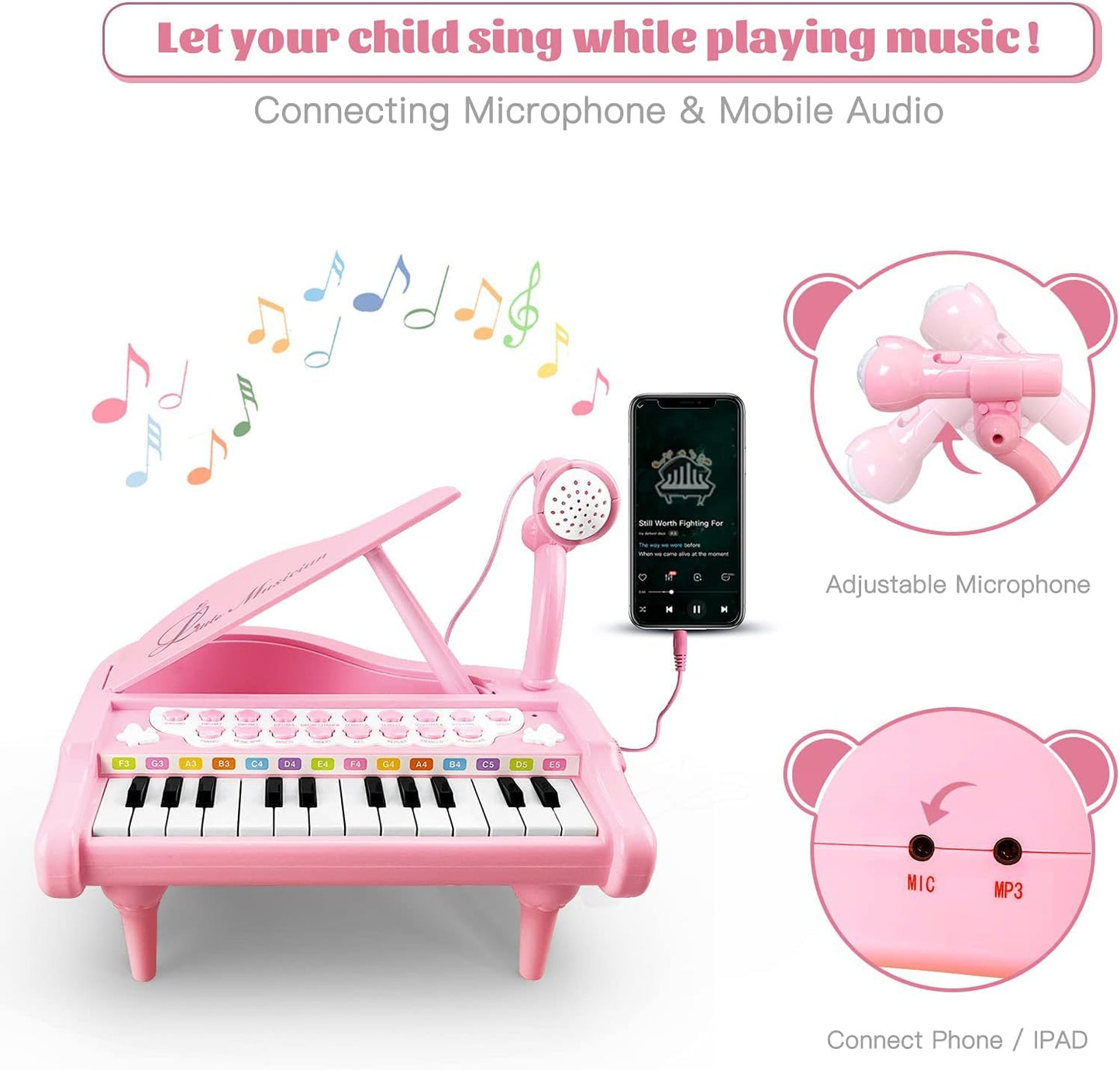 Love&Mini Piano Keyboard Toy for Girls - 24 Keys Toddler Music Toy Instrument with Microphone, Pink Piano Toy for 1 2 3 Years Old Girls Birthday Gift