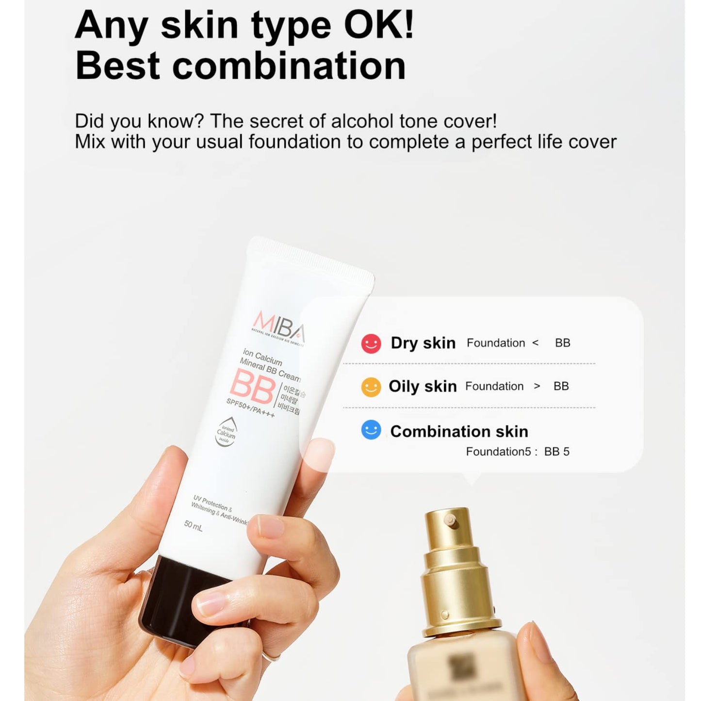 MIBA Ion Calcium Mineral BB Cream 50ml – Lightweight, Full Coverage, Long-Lasting, Mineral-Rich, Minimal Chemicals