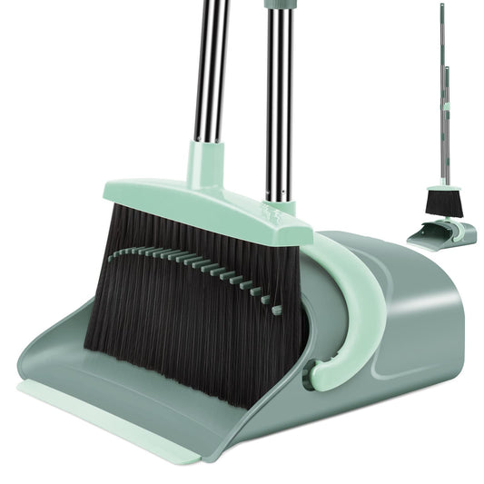 Broom & Dustpan Set with Long Handle – Upright Sweeping Combo for Home, Kitchen, Office & Lobby, Gray & Green