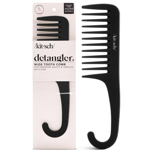 Kitsch Wide Tooth Detangler Comb - Curved Handle for Curly, Wet & Thick Hair, Black Shower Comb for Women