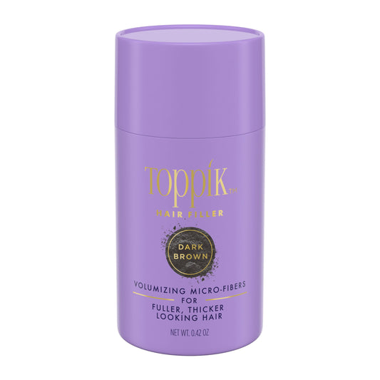 Purple container of Toppik hair filler with gold text on a white background