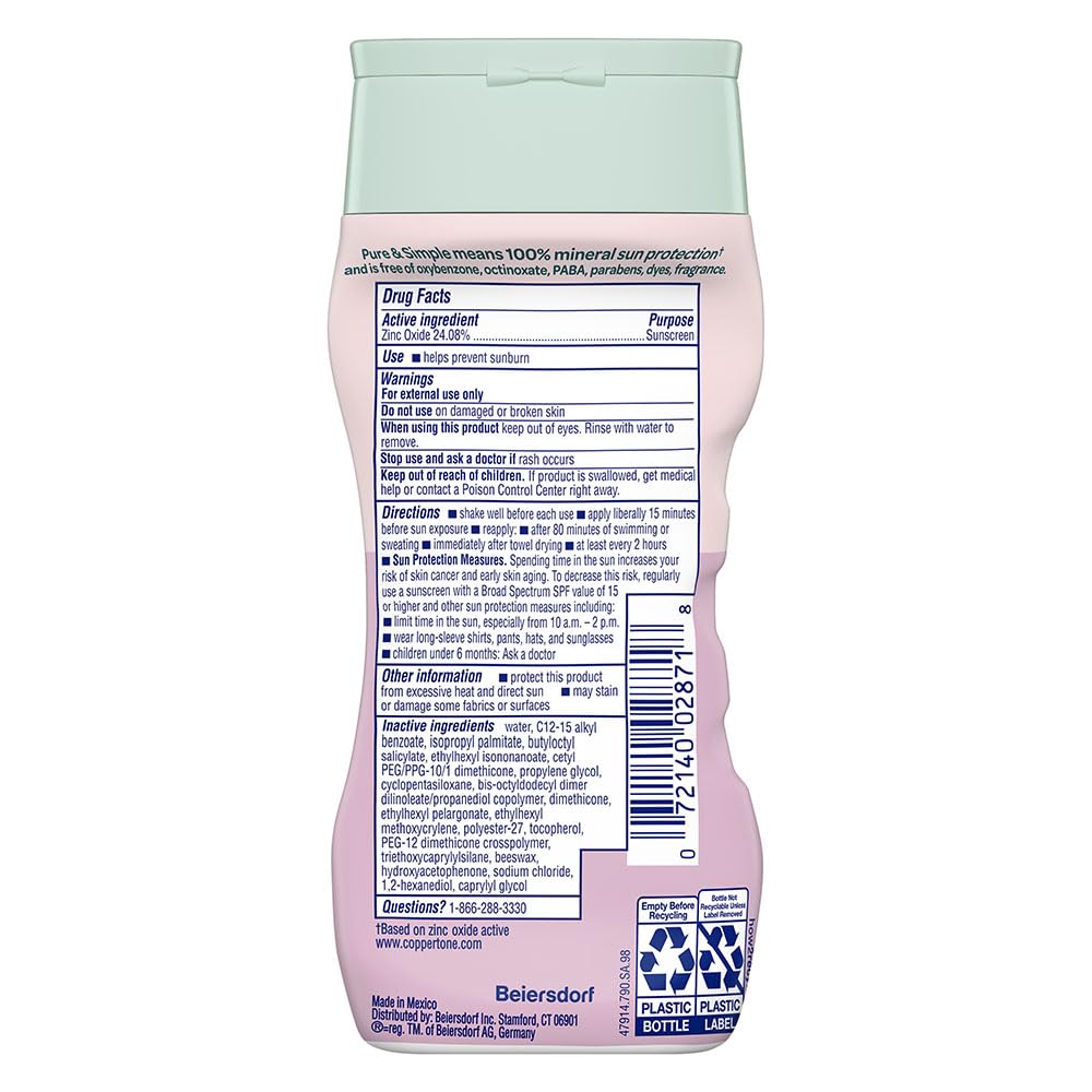 Coppertone Pure and Simple Baby Sunscreen Lotion SPF 50, Zinc Oxide Mineral Sunscreen for Babies, Hypoallergenic and Tear Free, 6 Fl Oz Bottle