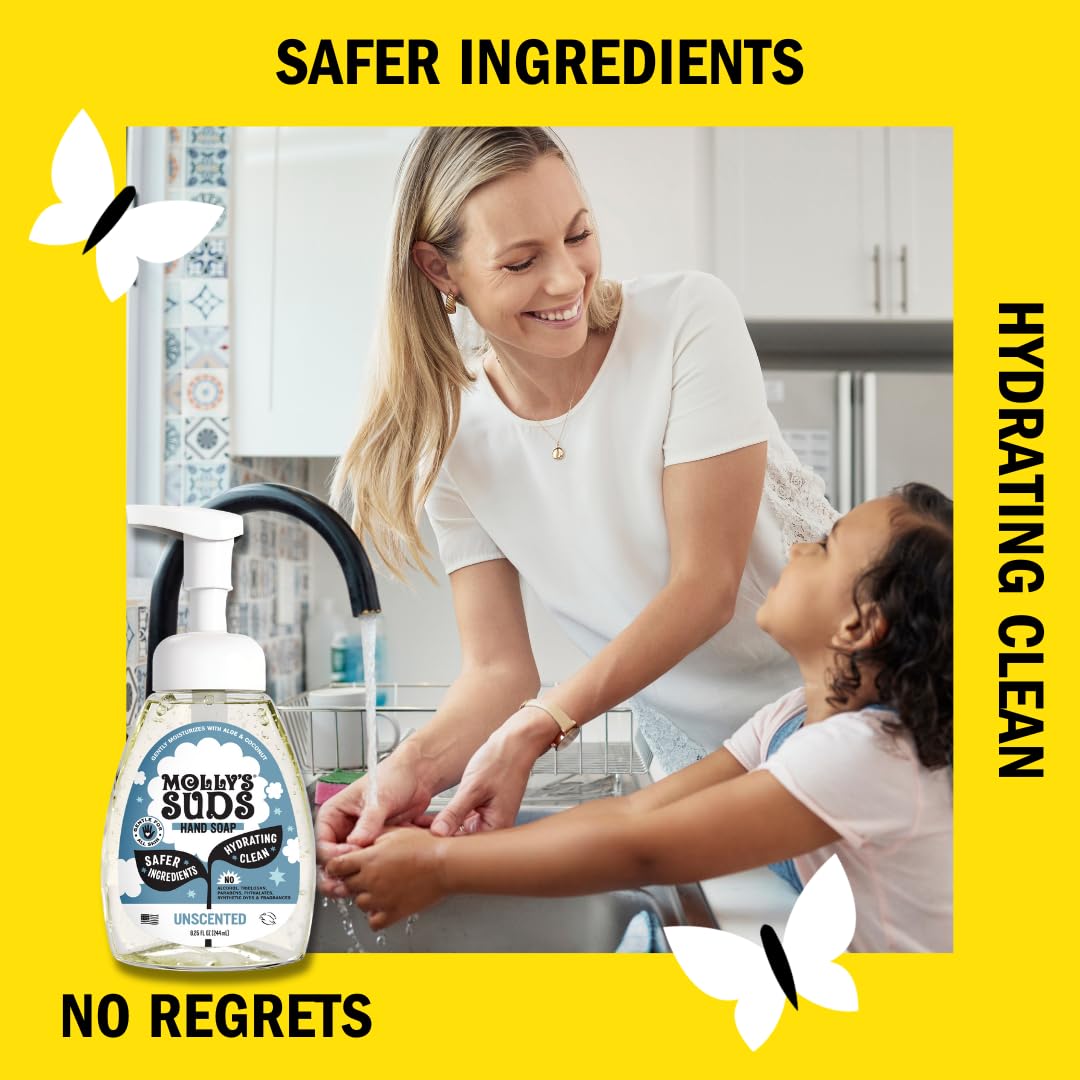 Molly's Suds Foaming Hand Soap, Aloe & Coconut Oil, Moisturizing, Essential Oils, Unscented, Clean Ingredients, 8.25oz Pack of 3