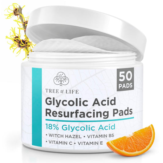 Tree of Life 18% Glycolic Acid Face Pads, 50 Count – Exfoliating Pads with Witch Hazel, Vitamins C, B5 & E for Smooth Skin & Reduced Pigmentation
