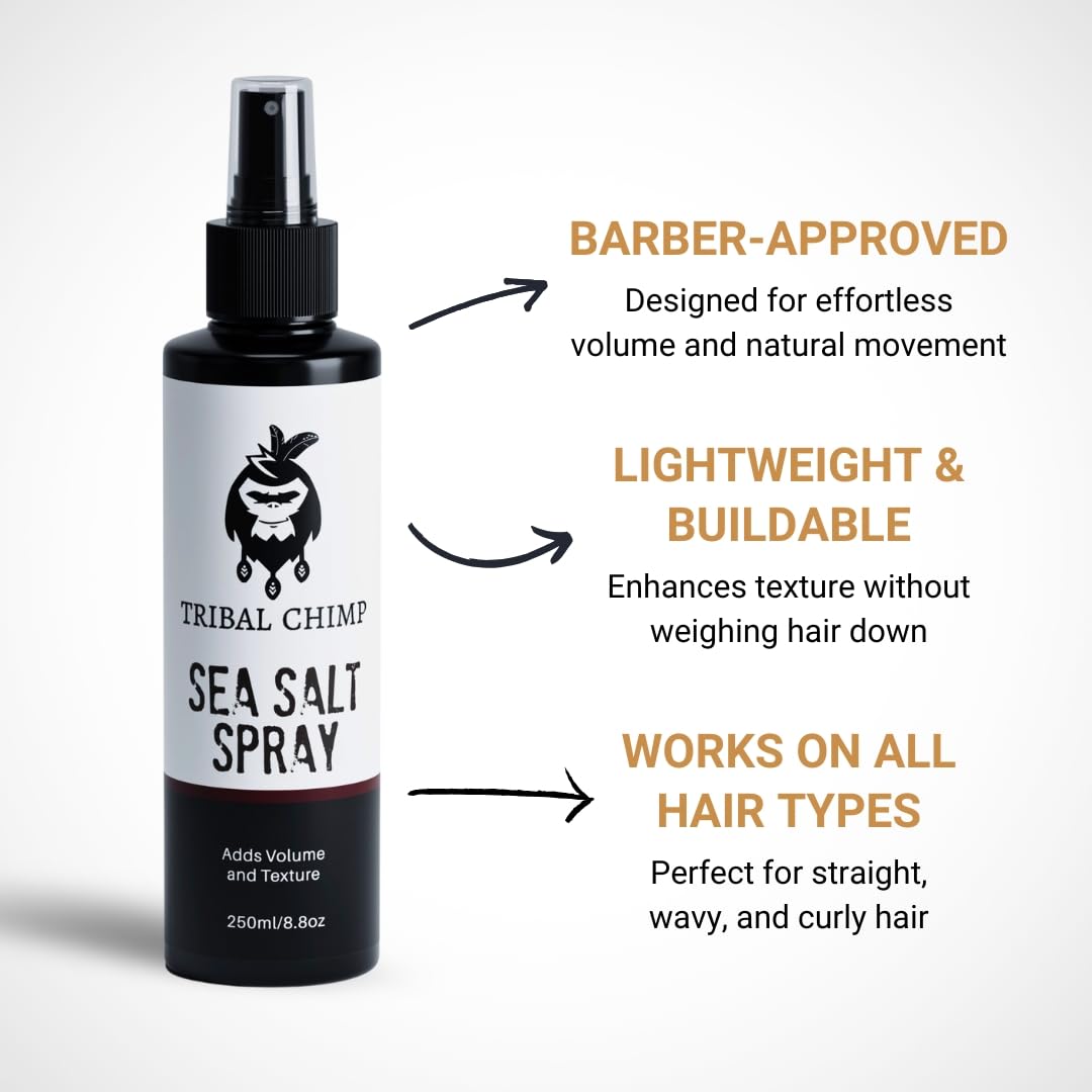 Tribal Chimp Sea Salt Spray for Men 250ml – Volumizing, Thickening & Texturizing Hair Spray – Strong Hold, Natural, Non-Toxic & Alcohol-Free