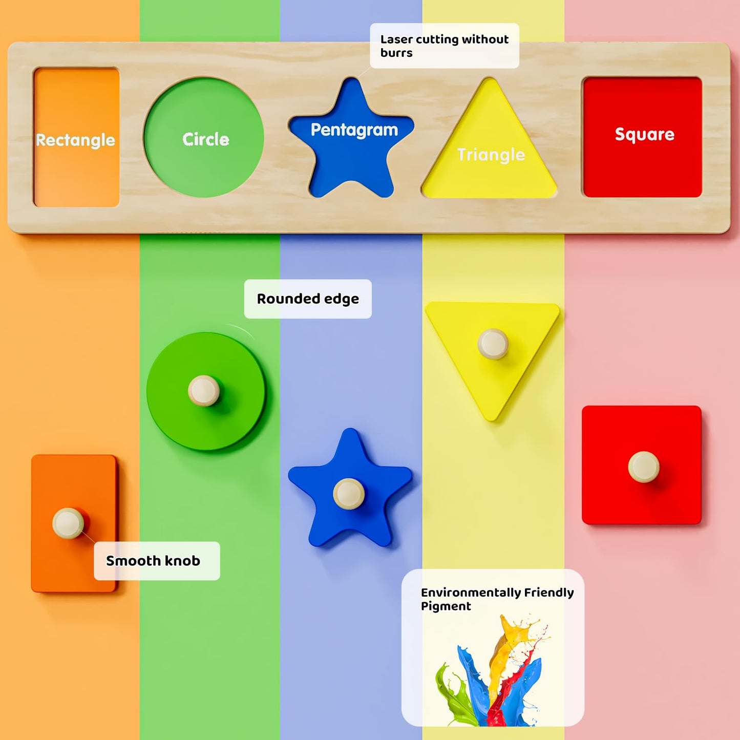 QODOFLR Jumbo Knob Wooden Shape Puzzle – Montessori Sorting Toy for Toddlers Ages 1-3, Preschool Learning Peg Puzzle for Boys & Girls 1-2