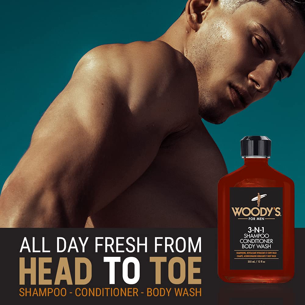 Woody's 3-in-1 Shampoo, Conditioner & Body Wash for Men, Travel-Size, All-in-One Hair & Body Cleanser for Daily Use, 12 fl oz