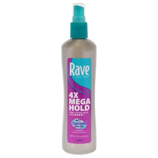 Rave 4X Mega Firm Hold Hair Spray, 24-Hour Anti-Humidity & Heat Protection, Adds Volume & Shine, Frizz Control, Unscented, Non-Aerosol, 11 Fl Oz