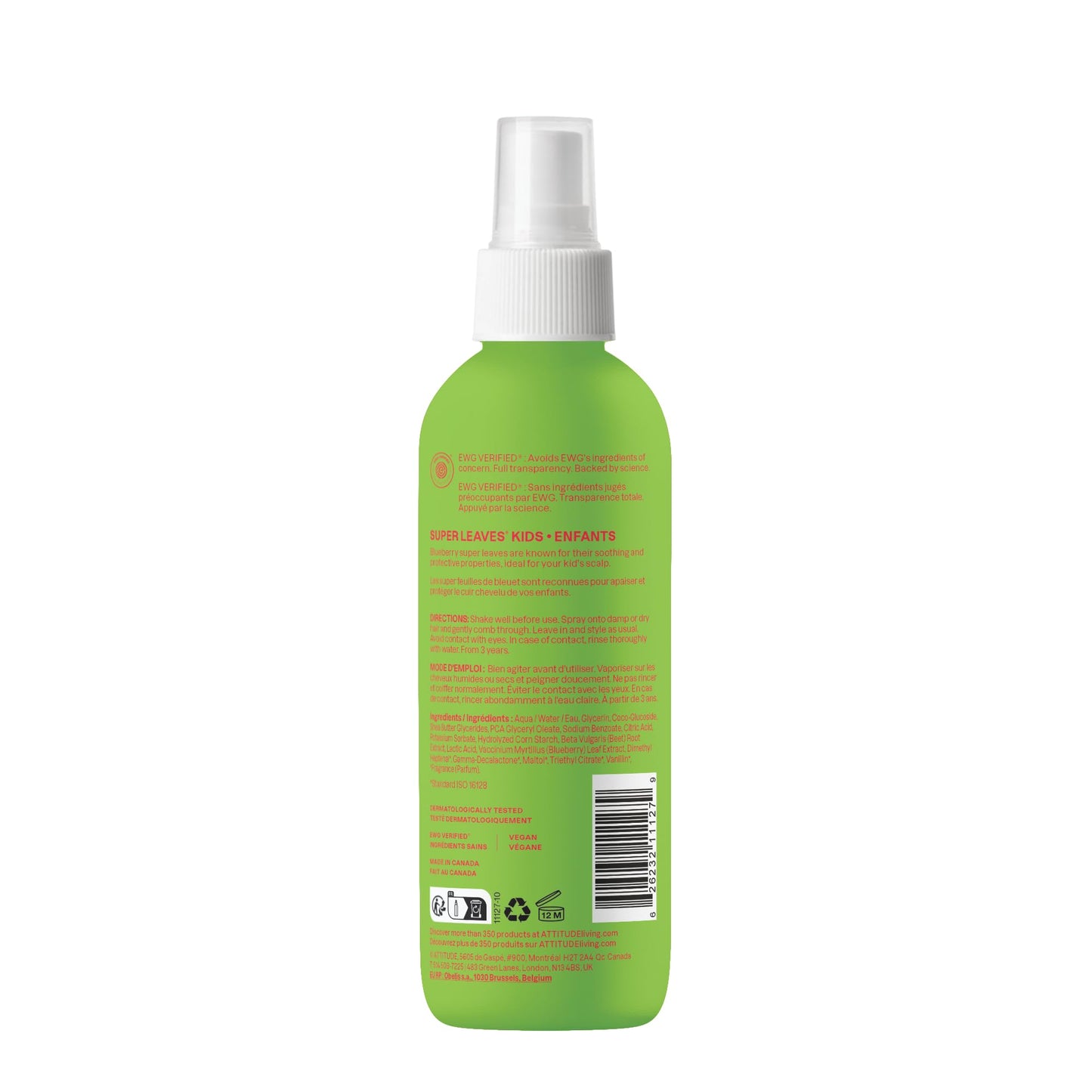 ATTITUDE Kids Rinse-Free Hair Detangler Spray | Leave-In Conditioner with Plant & Mineral Ingredients | Vegan, EWG Verified, Watermelon & Coco, 8 Fl Oz