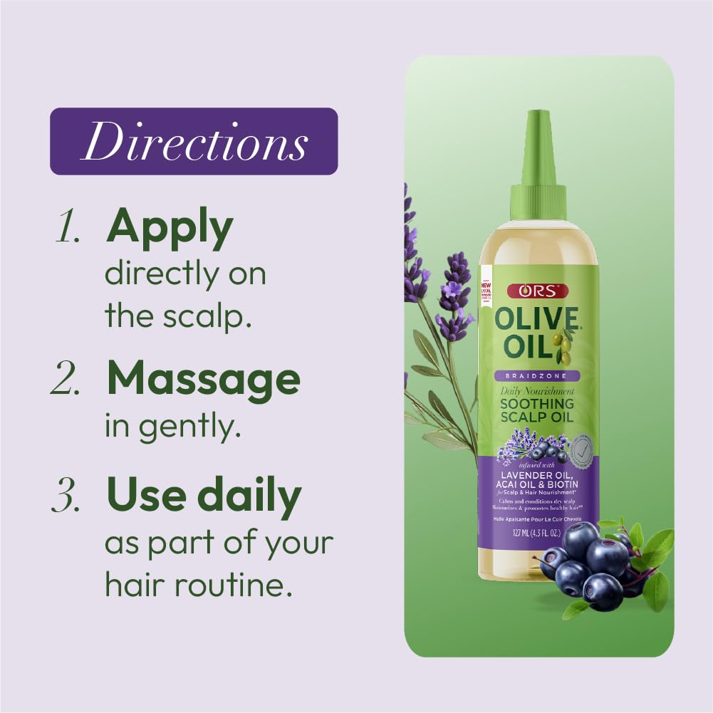 ORS Olive Oil Braidzone Soothing Scalp Oil with Lavender, Acai & Biotin for Nourishment 4.3 oz