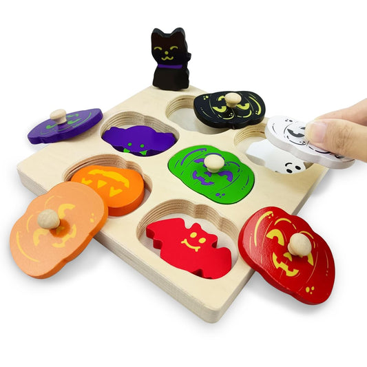 OCBTOW Halloween Pumpkin Wooden Pegged Puzzles Montessori Toys for Toddlers Kids Boys Girls Halloween Party Favors Treat Bags Gifts