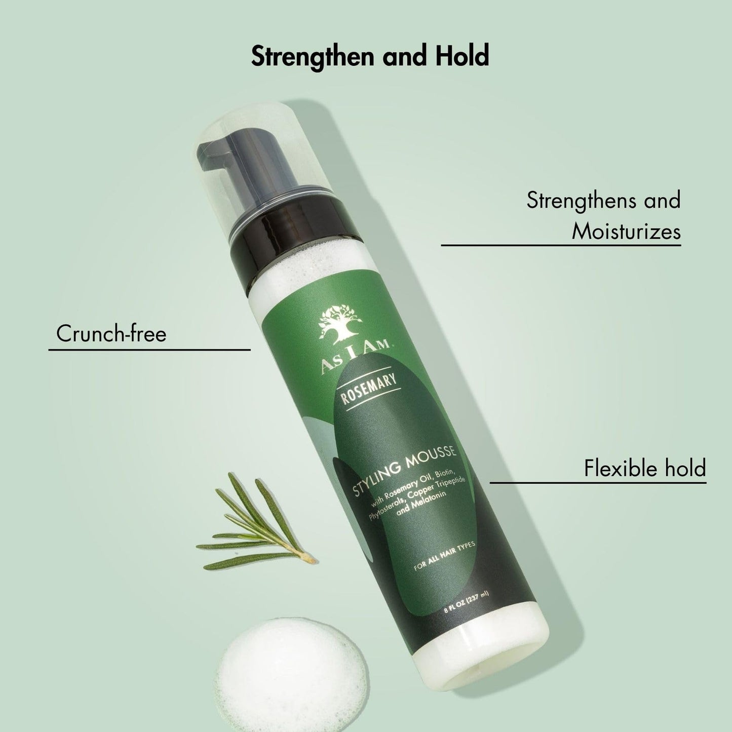 As I Am Rosemary Styling Mousse 8 Fl Oz (237 ml) - with Biotin & Saw Palmetto