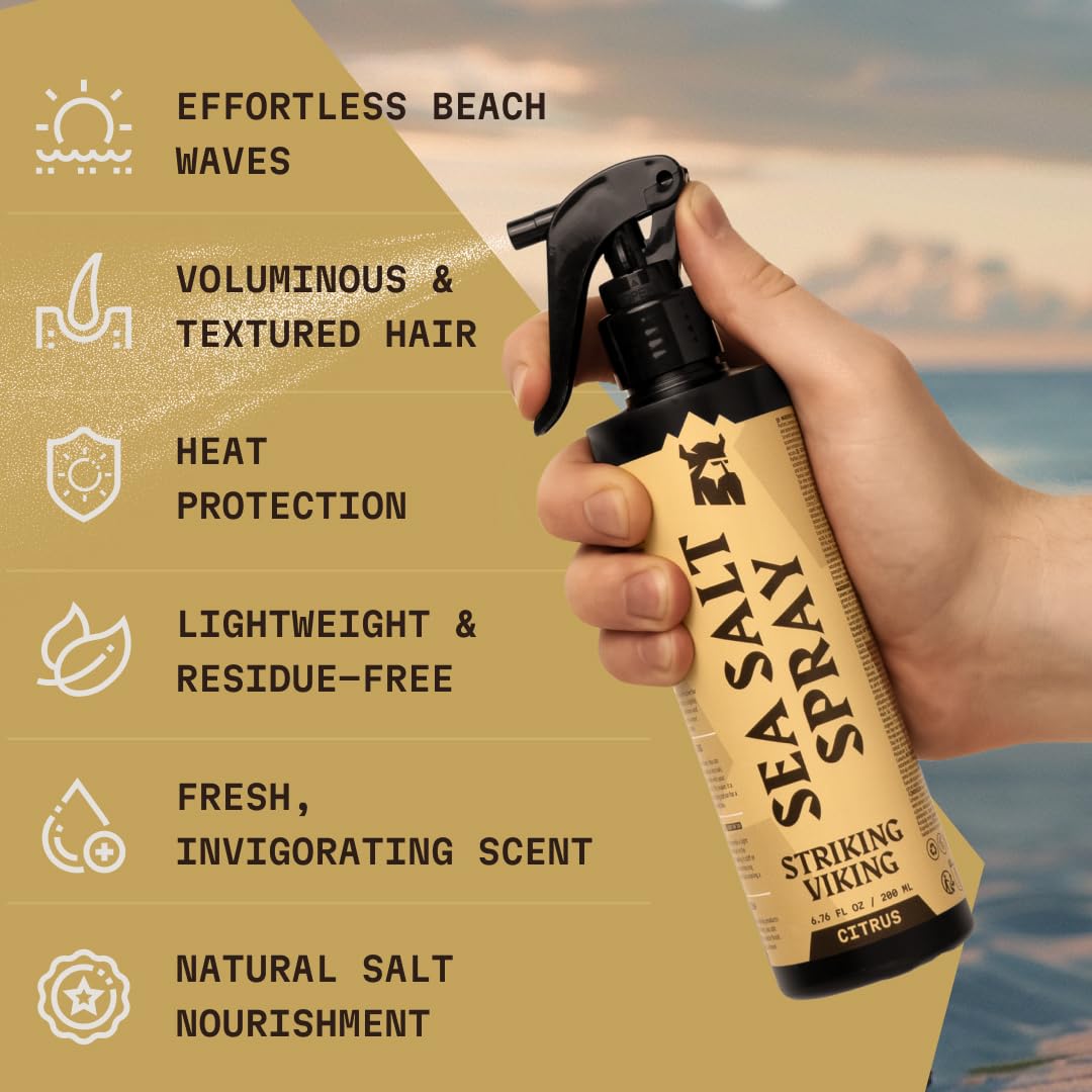 Striking Viking Sea Salt Spray for Men 6.76 fl oz | Citrus Scent Hair Texturizer | Volumizing, Curl Enhancing & Holding Spray | Paraben-Free, Made in Germany