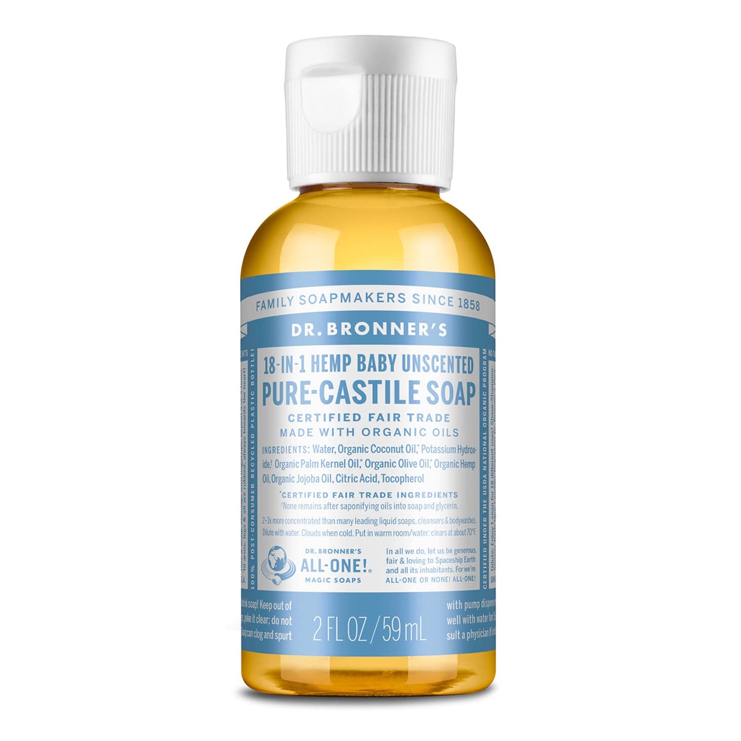 Dr. Bronner’s Pure-Castile Liquid Soap, Baby Unscented Travel Size (2 oz) – Organic Oils, 18-in-1 Use for Face, Body, Hair, Laundry, Pets & More, Vegan
